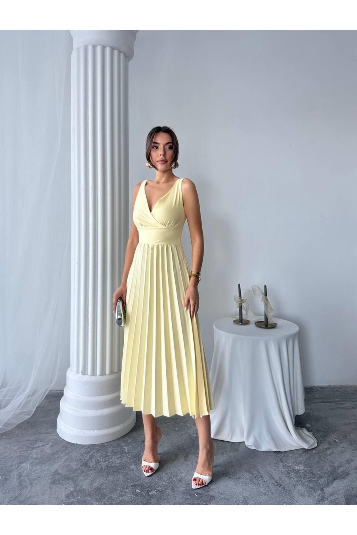 conconmoda Alyosa Pileli V Yaka Midi Elbise