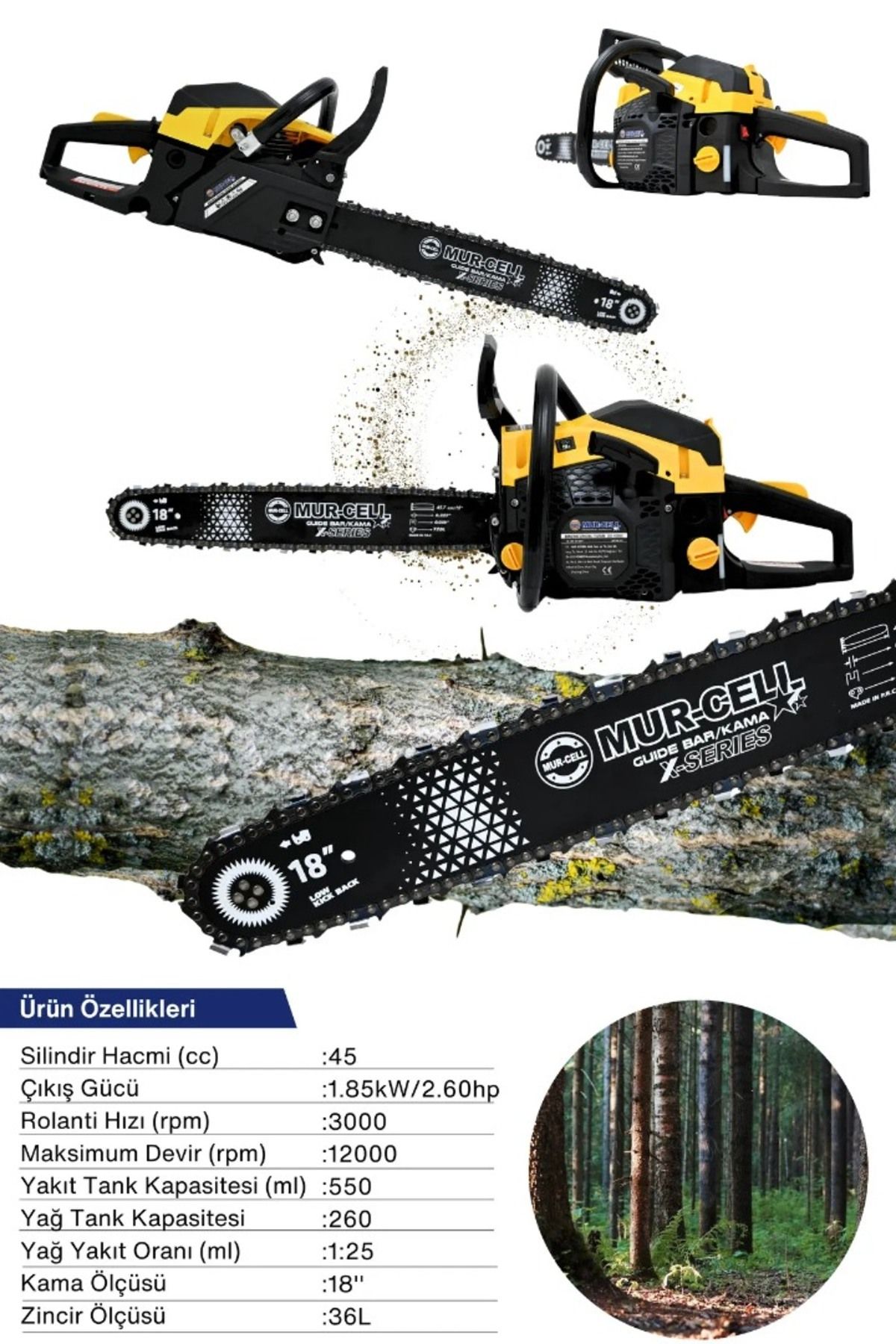 adden Mur-Cell ADN0718 58CC 2.5kW 45cm 18 inç Benzinli Motorlu Zincirli Testere Sarı Siyah