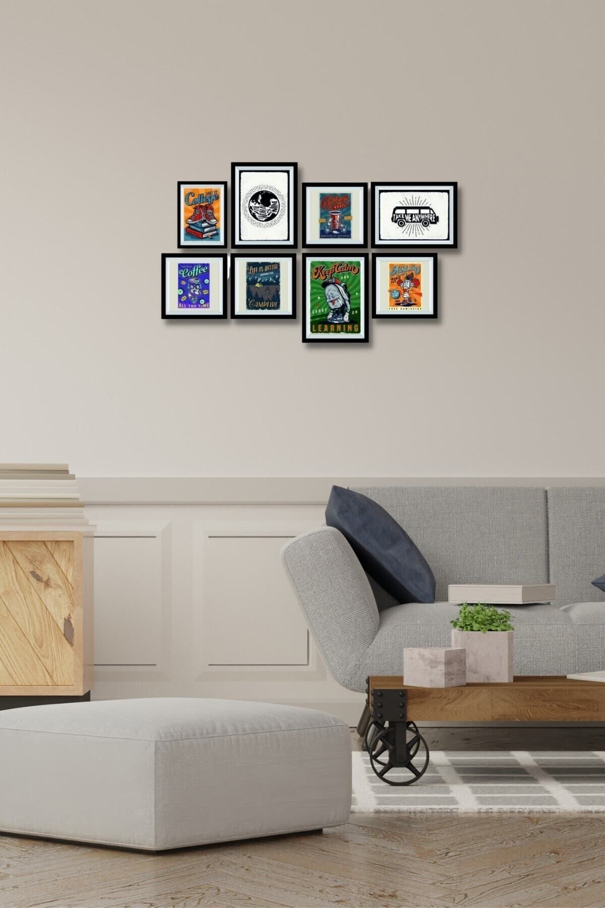 Elioure 8 Parça Renkli Ahşap Tablo Seti, Duvar Dekoru, 65x45 cm, Salon ve Yatak Odası İçin
