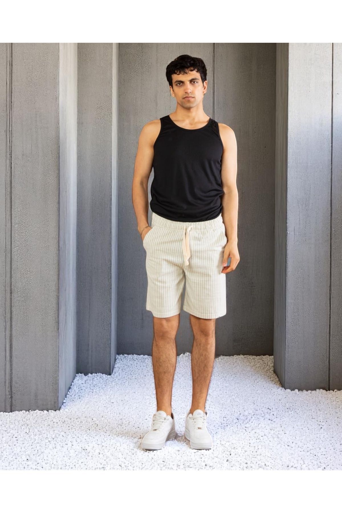 VOGUEMET Erkek Çizgili Şort | Yazlık Rahat Kalıp | Cepli Lastikli Günlük Model