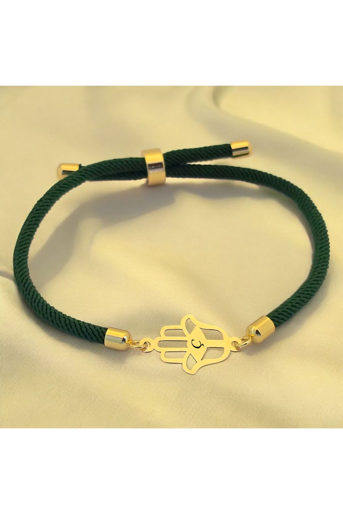 ARCHINO GOLD Ç Harfine Özel Siyah İpek Örgülü Hamsa Figürlü 14 Ayar Altın Plakalı Hediye Bileklik-498harf