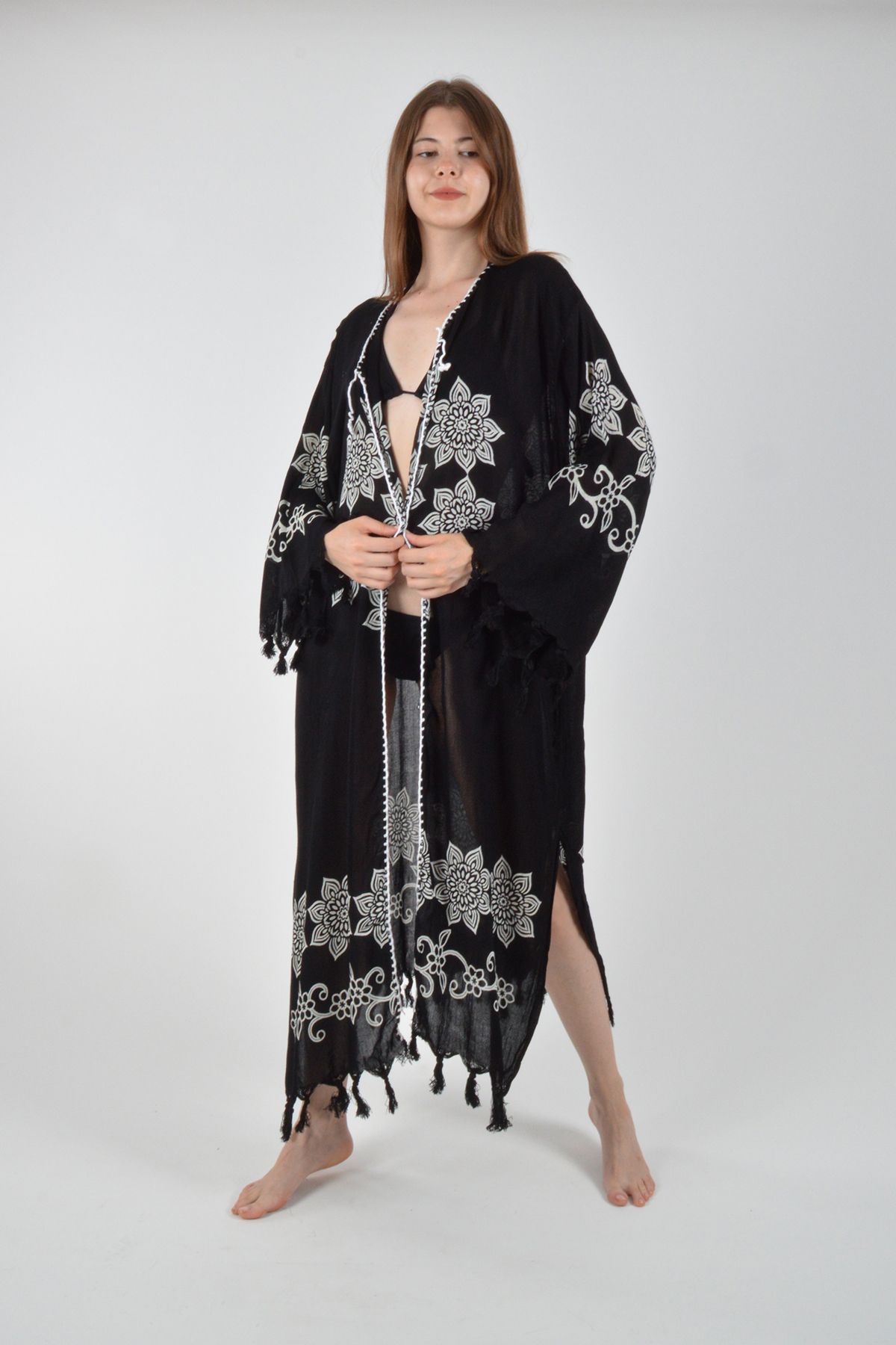 REİNA TEKS Viscon Kimono Bornoz Siyah Retro Çiçek Desen Pamuklu Baskılı Pareo 1 Adet Unisex