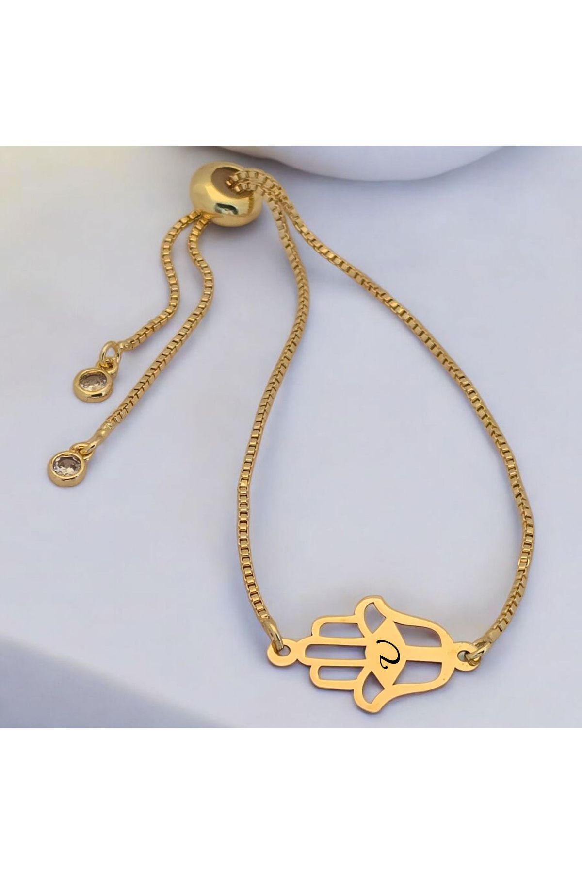 ARCHINO GOLD U Harfine Özel Zincirli Hamsa Motifli 14 Ayar Altın Plakalı Hediye Bileklik-497harf