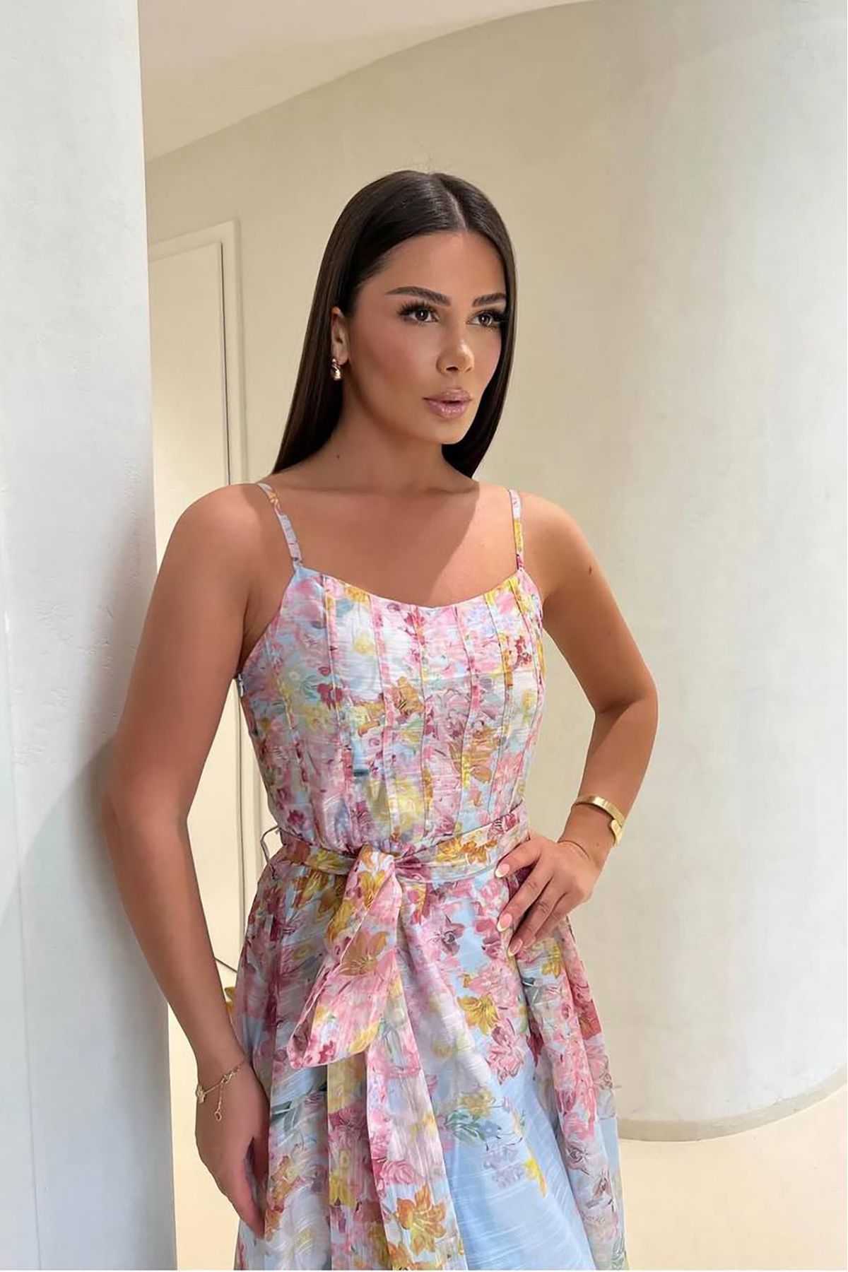 Neşeli Butik kadın fiyonk detaylı çiçekli ithal elbise NBEMP2741