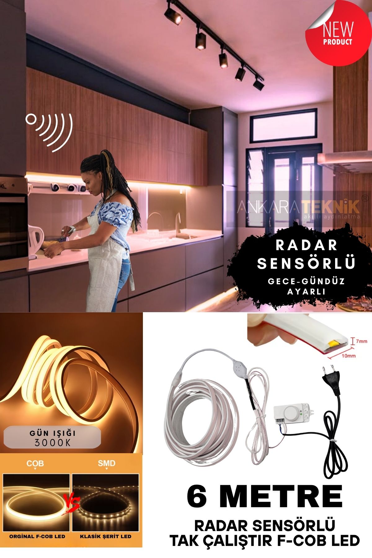 ankarateknik Sensörlü Gün ışığı (3000K) Renk F- Cob Neon Led / Yüksek Lümen/ Dolap Alcıpan Tavan LED /6 Metre