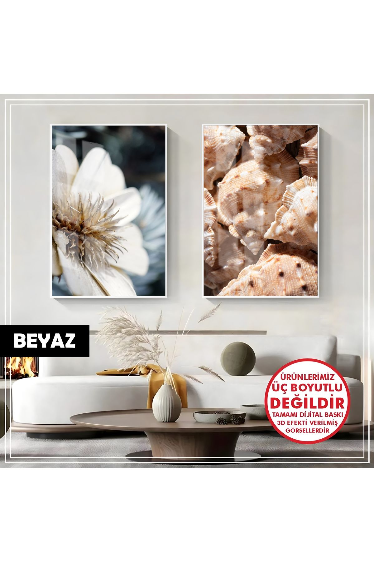 Harikabirev HARİKABİREV|SOFT ÇİÇEK-DENİZ KABUĞU KOMBİNİ (BROWN)|ÇERÇEVELİ CAM TABLO 2Lİ DİKEY