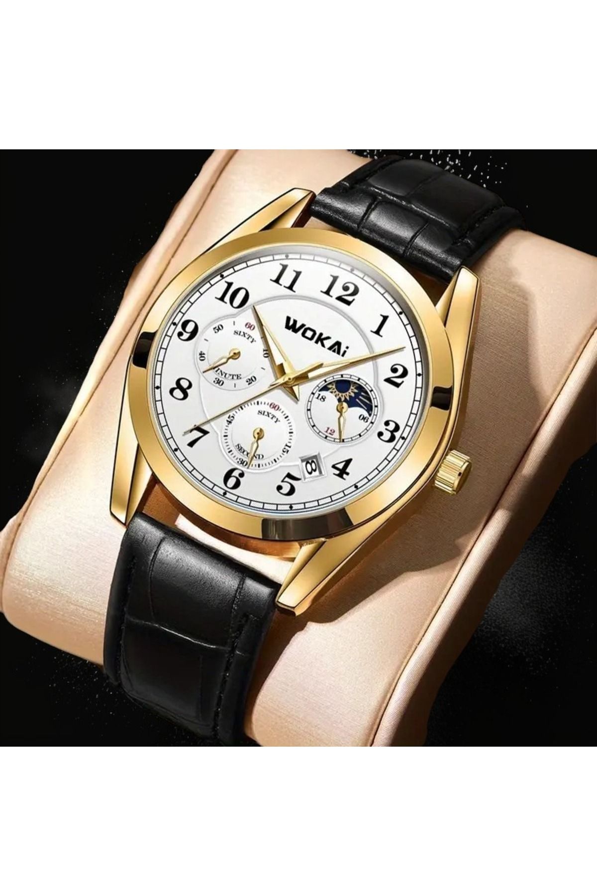 Feron accessories Altın Kasa Erkek Kol Saati – Deri Kordonlu Takvimli Analog Saat TM-521