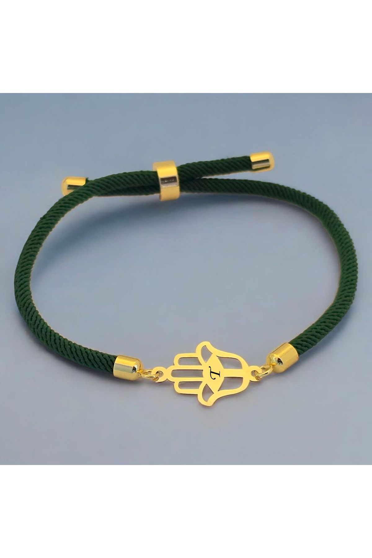 ARCHINO GOLD T Harfine Özel 14 Ayar Altın Plakalı Siyah İpek Örgülü Hamsa Figürlü Hediye Bileklik-498harf