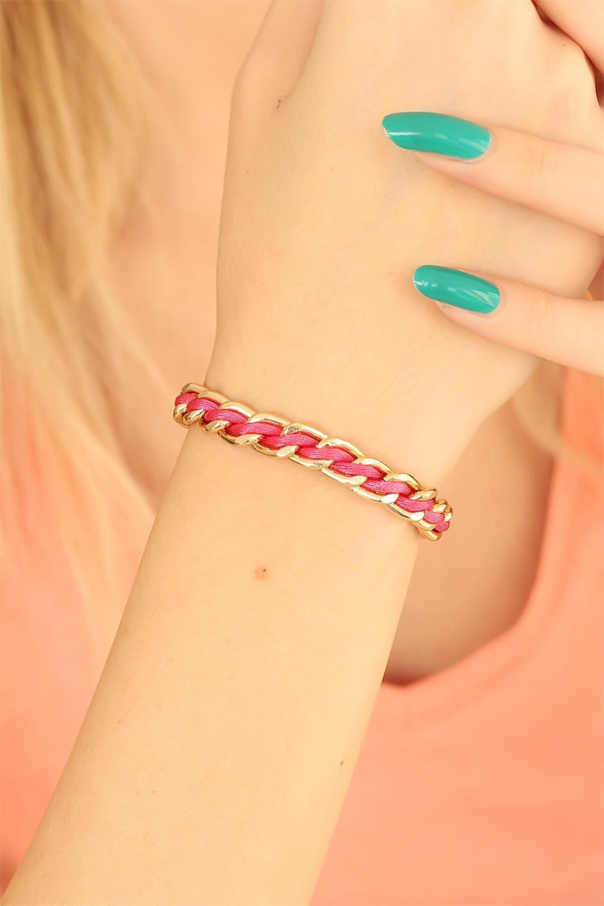 Moco Gold Zincirli Pembe İpli Bileklik