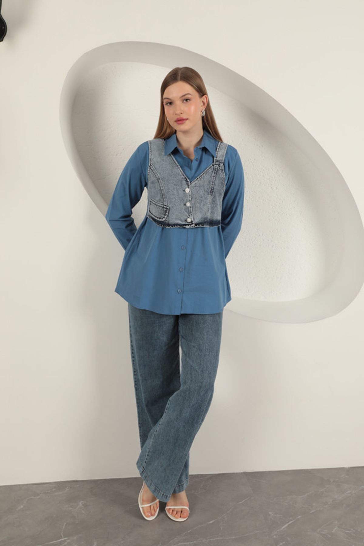devrialemshoes Poplin Kumaş Yelek Detaylı İndigo Kadın Gömlek