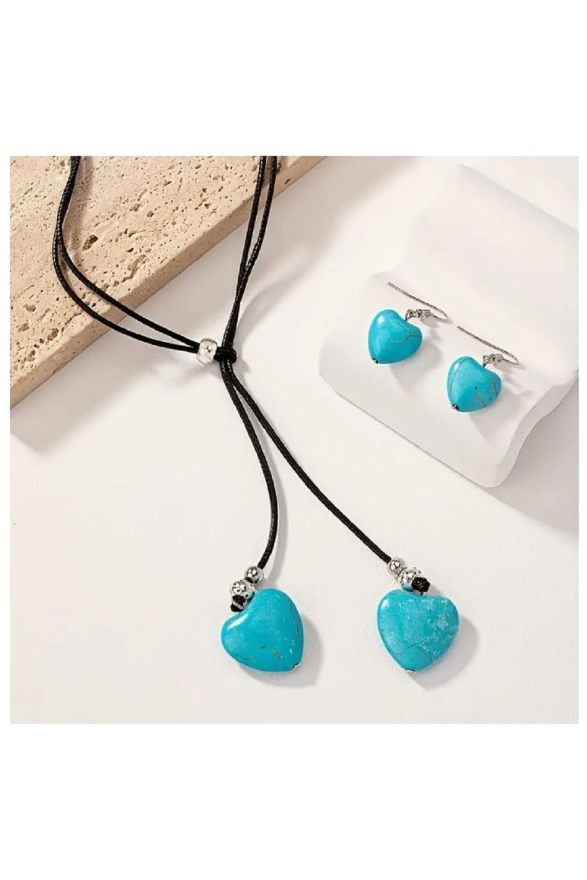orco 1 SET TURQUOISE HEART TAKI TURKUAZ RENK KÜPE & KOLYE SETİ