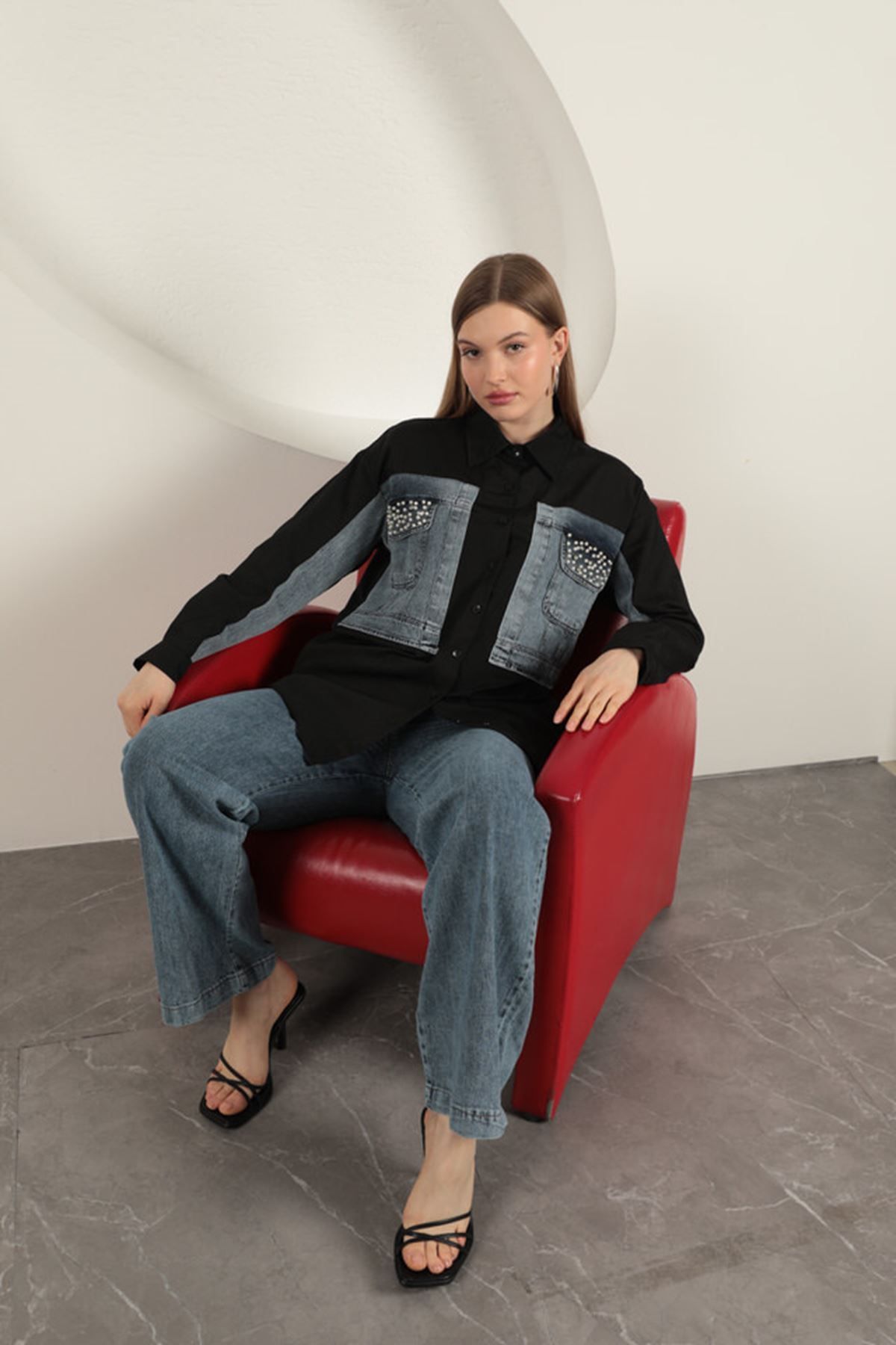 devrialemshoes Poplin Kumaş Kot Garnili Siyah Kadın Gömlek