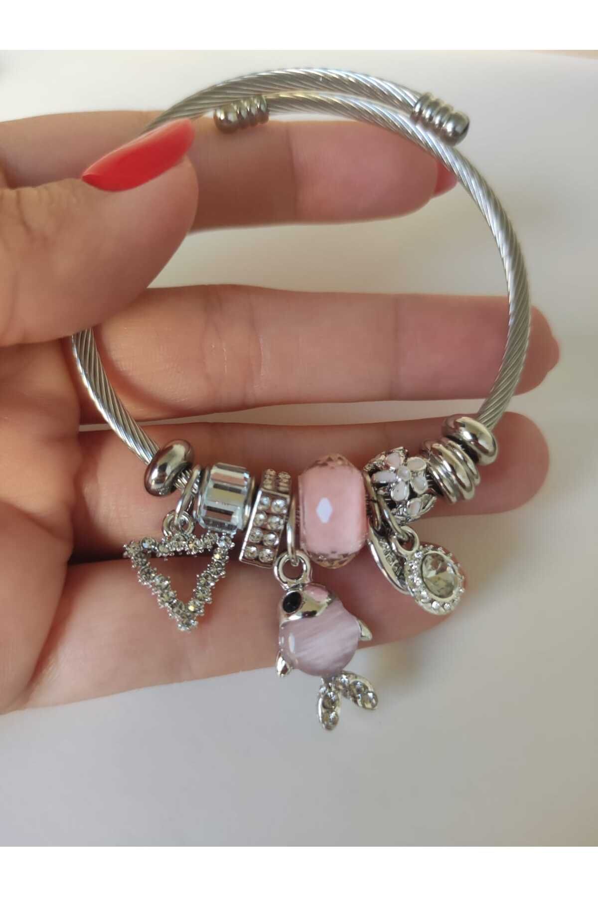 MoS JEWELLERY Paslanmaz Çelik Gümüş Renk Balık Detaylı Zirkon Taşlı Charm Bileklik