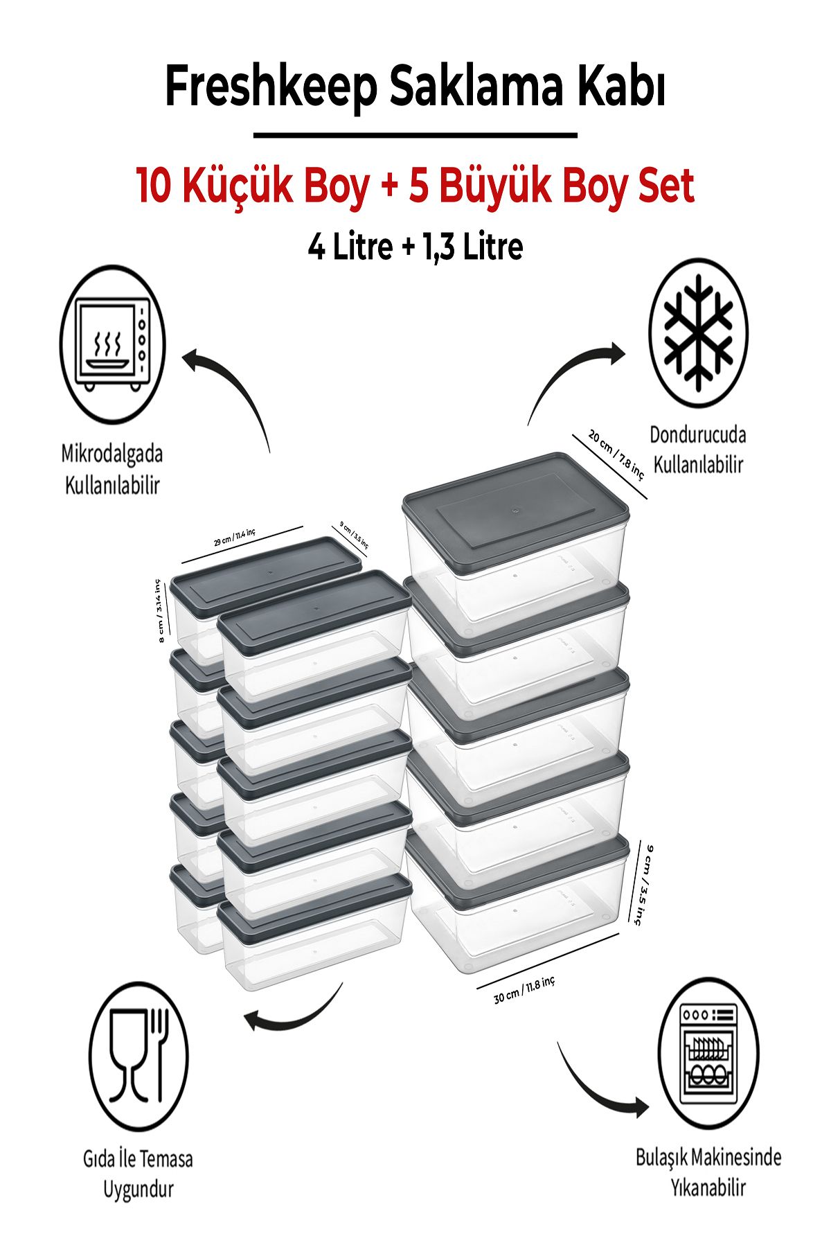bizimevde 15 Adet Saklama Kabı (5 Büyük-10 Orta Boy) 4 Litre + 1,3 Litre Derin Dondurucu Mikrodalga Uyumlu