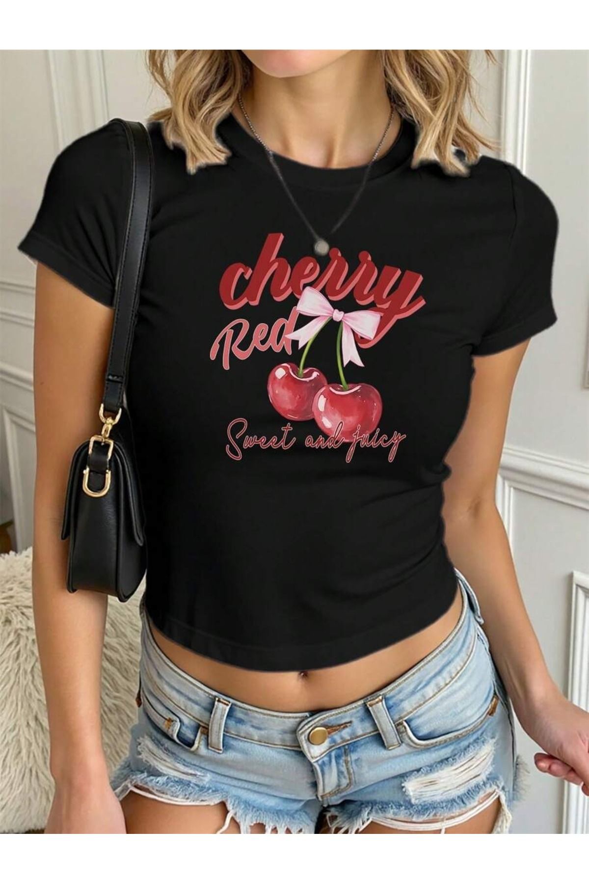 OVER HEAD Kadın Kiraz Cherry Red Baskılı Baby Tee Crop T-shirt