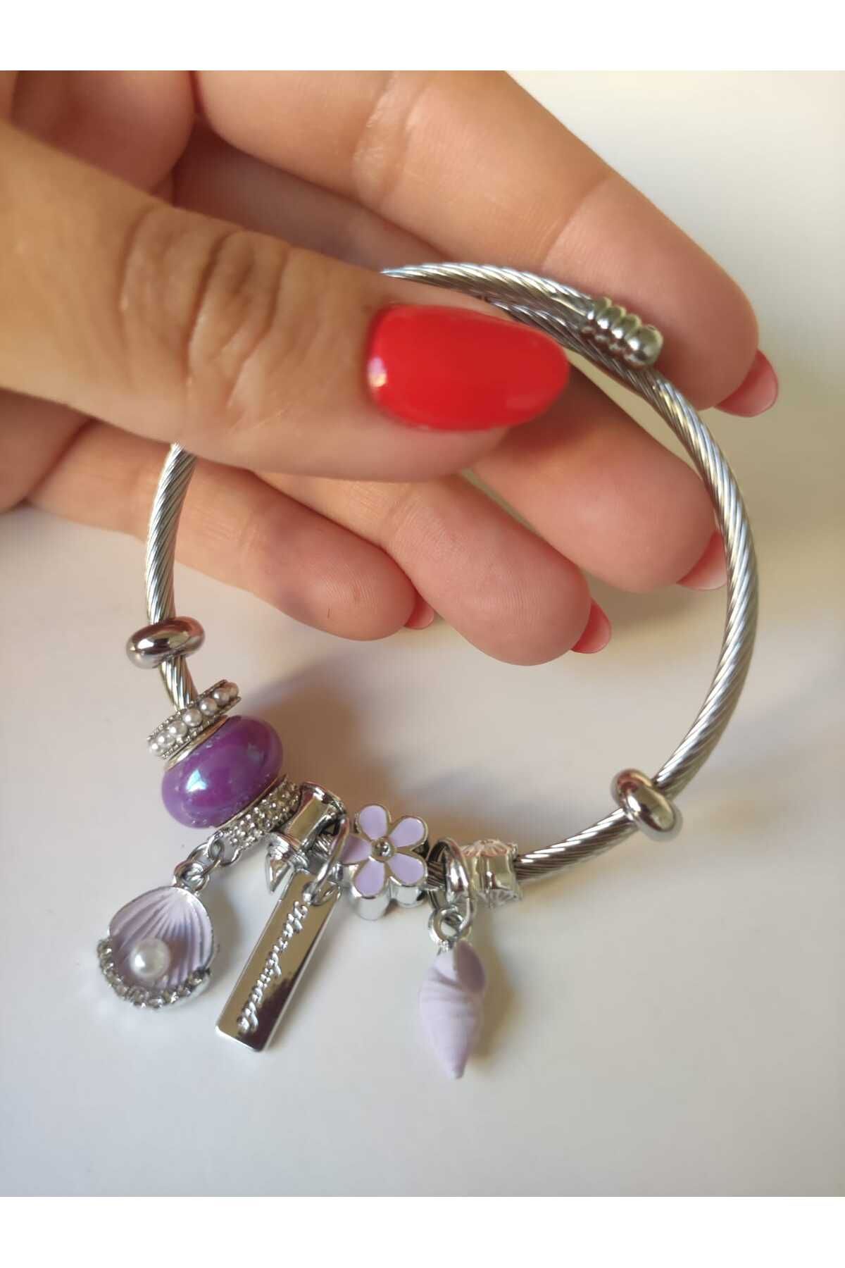 MoS JEWELLERY Paslanmaz Çelik Gümüş Renk Deniz Kabuğu Detaylı İnci ve Zirkon Taşlı Charm Bileklik