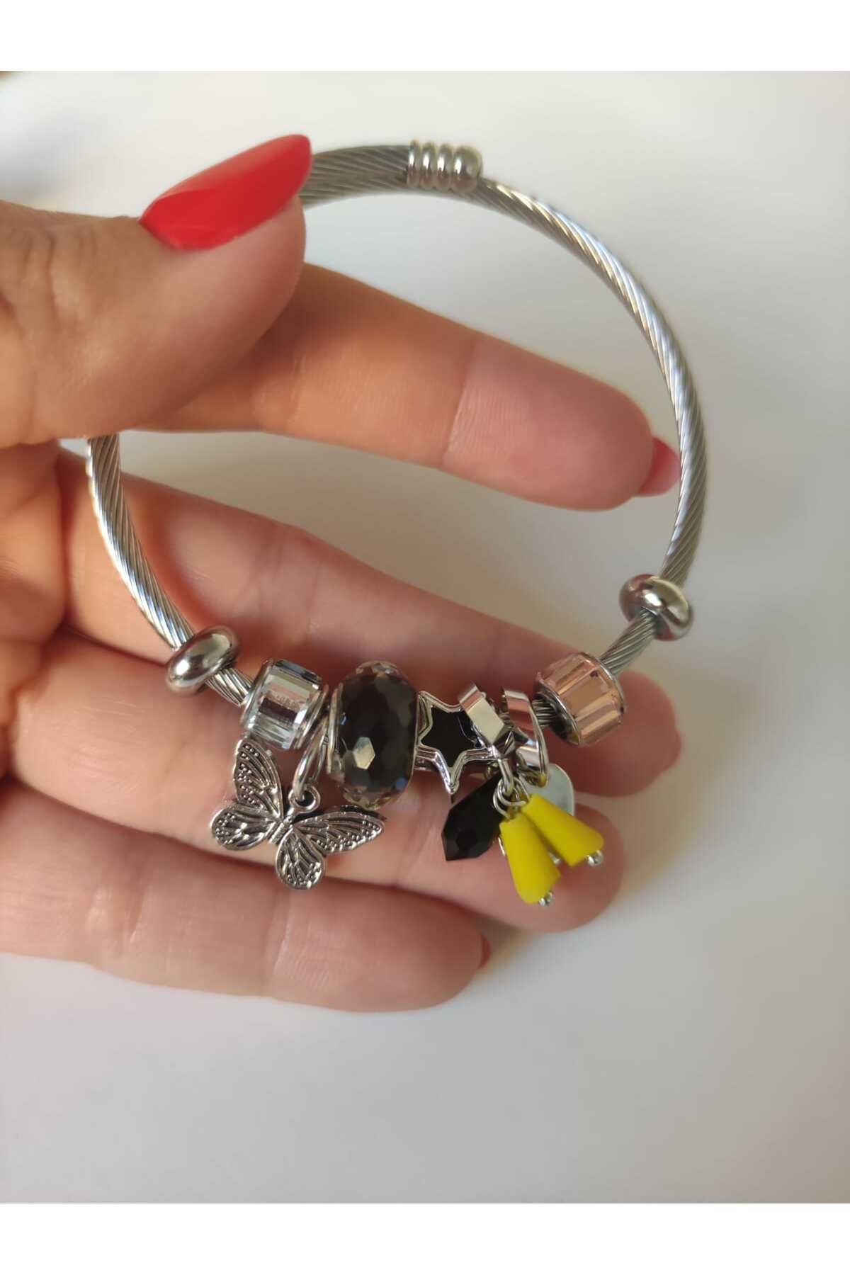 MoS JEWELLERY Paslanmaz Çelik Gümüş Renk Kelebek Detaylı Zirkon Taşlı Charm Bileklik