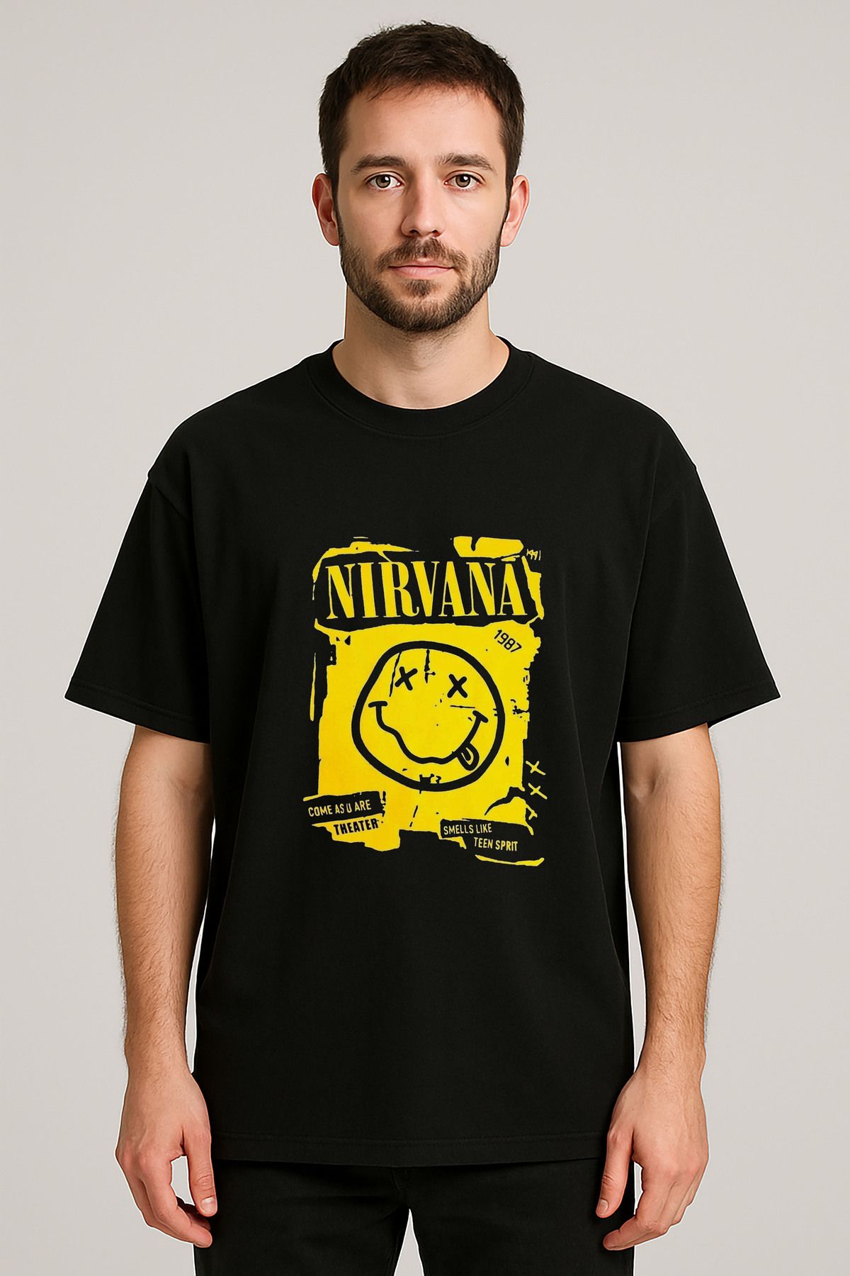 sielta Nirvana Müzik Grubu Baskılı Bisiklet Yaka Oversize Siyah Tişört Thsirt