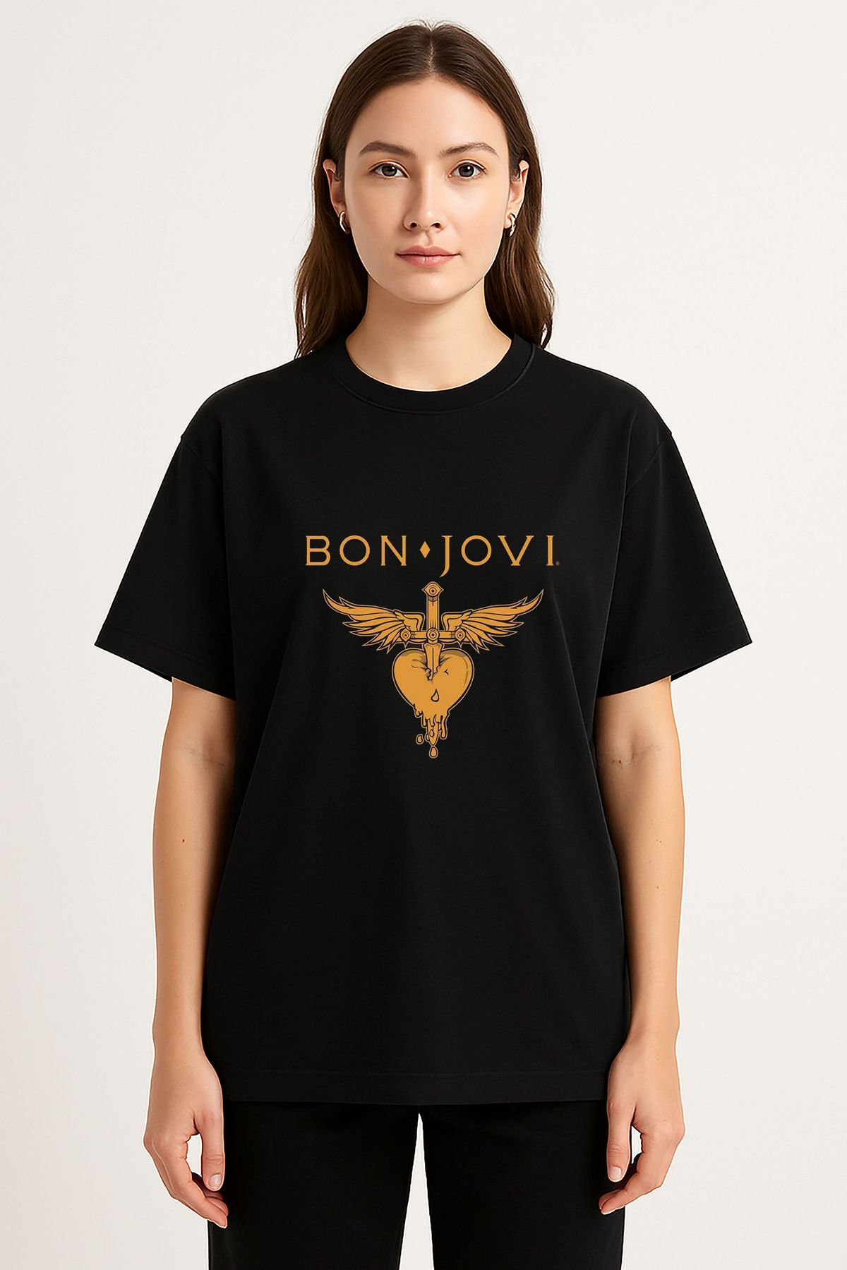 sielta Bon Jovi Müzik Grubu Baskılı Bisiklet Yaka Oversize Siyah Tişört Thsirt