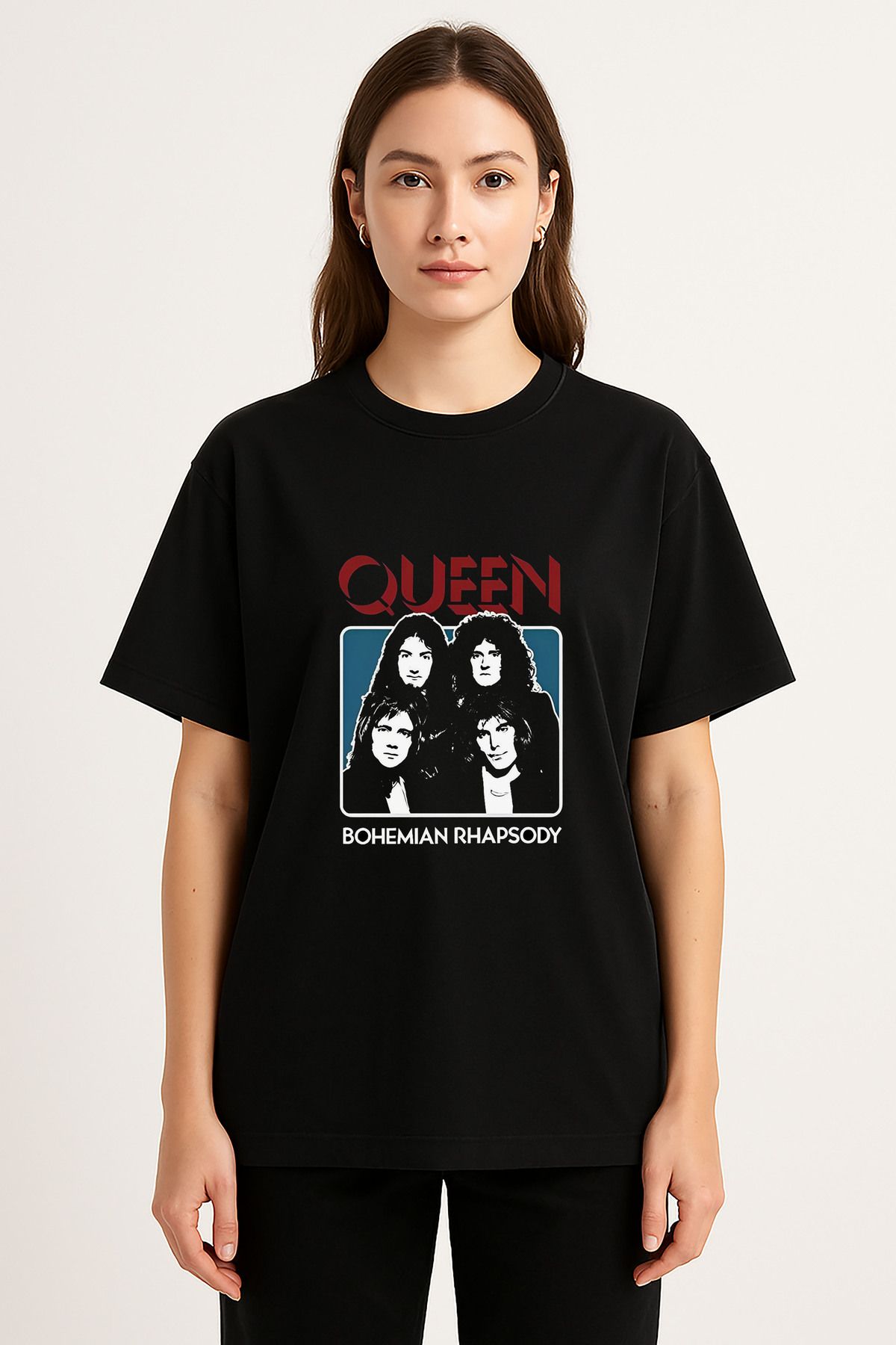 sielta Queen Metal Müzik Grubu Baskılı Bisiklet Yaka Oversize Siyah Tişört Thsirt