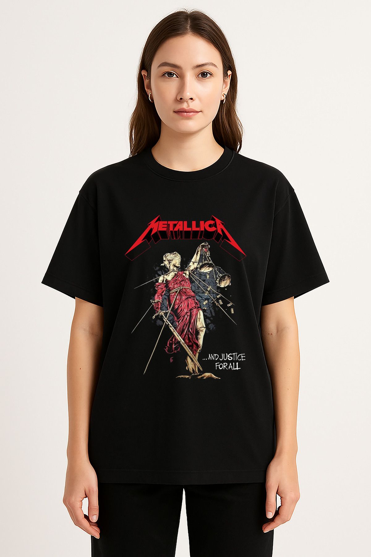 sielta Metallica Müzik Grubu Baskılı Bisiklet Yaka Oversize Siyah Tişört Thsirt