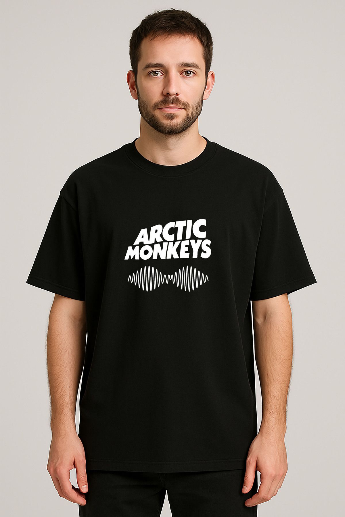 sielta Arctic Monkeys Müzik Grubu Baskılı Bisiklet Yaka Oversize Siyah Tişört T-hsirt