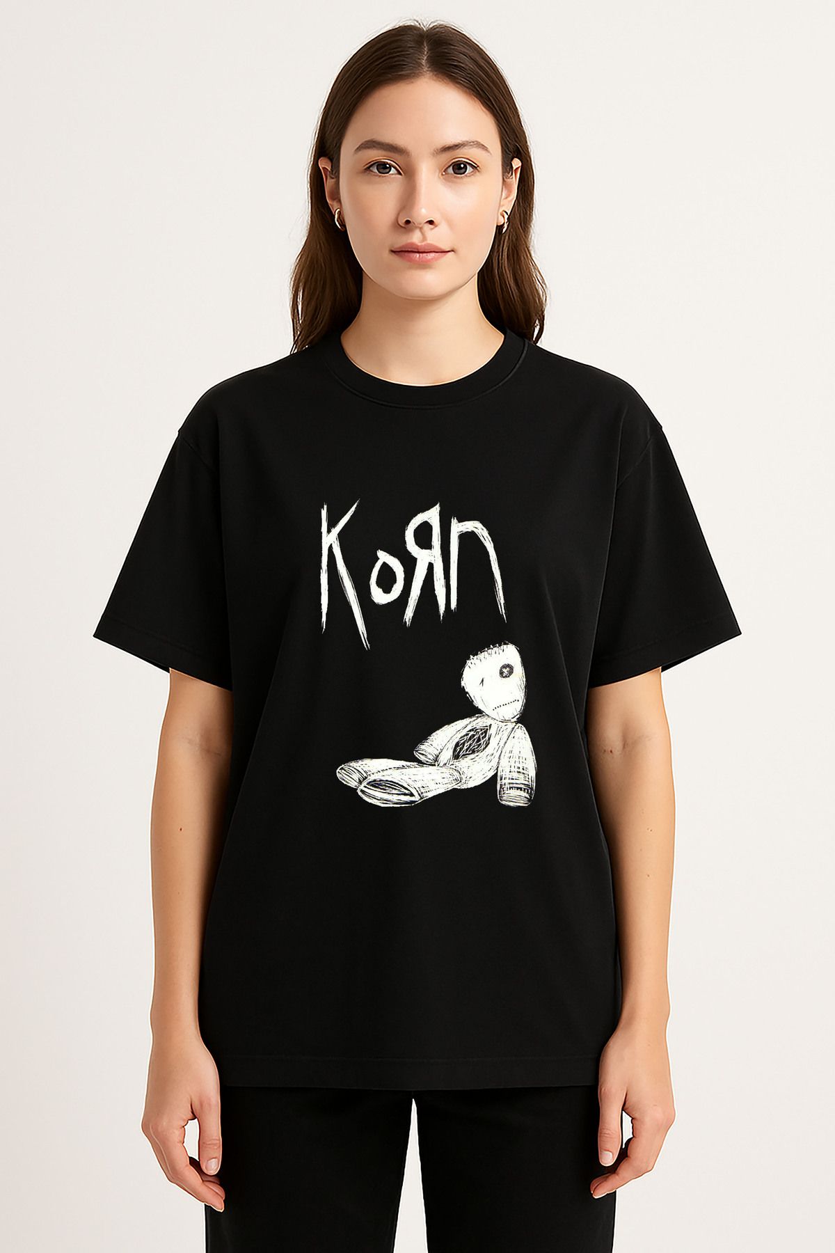 sielta Korn Müzik Grubu Baskılı Bisiklet Yaka Oversize Siyah Tişört Thsirt