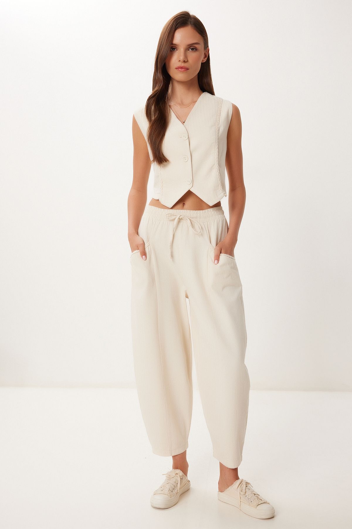 Happiness İstanbul Női krémszínű vászon mellény Shalwar nadrág szett BV00143