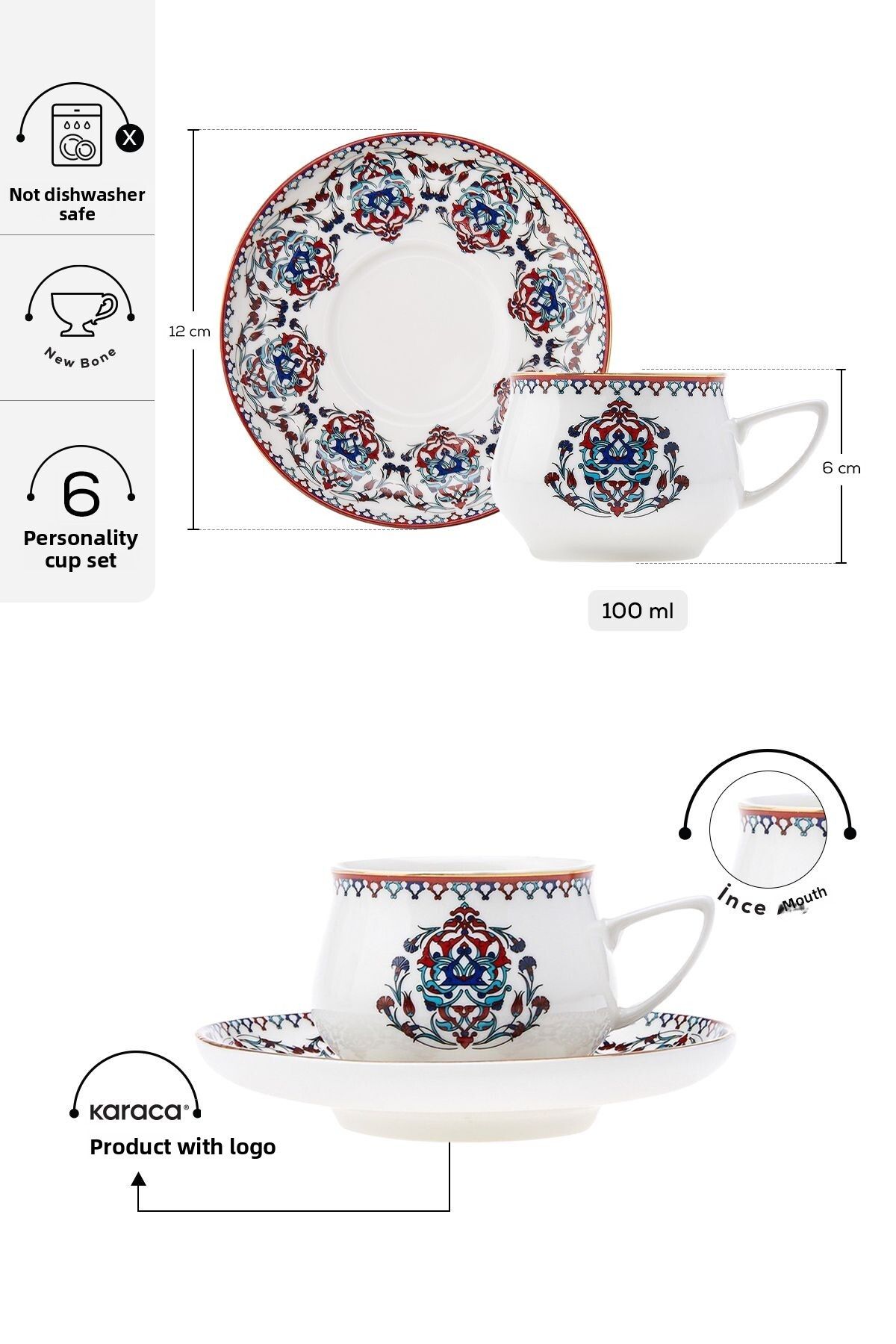 Karaca-Nakkaş 6 személyes kávéscsésze készlet 100 ml 2