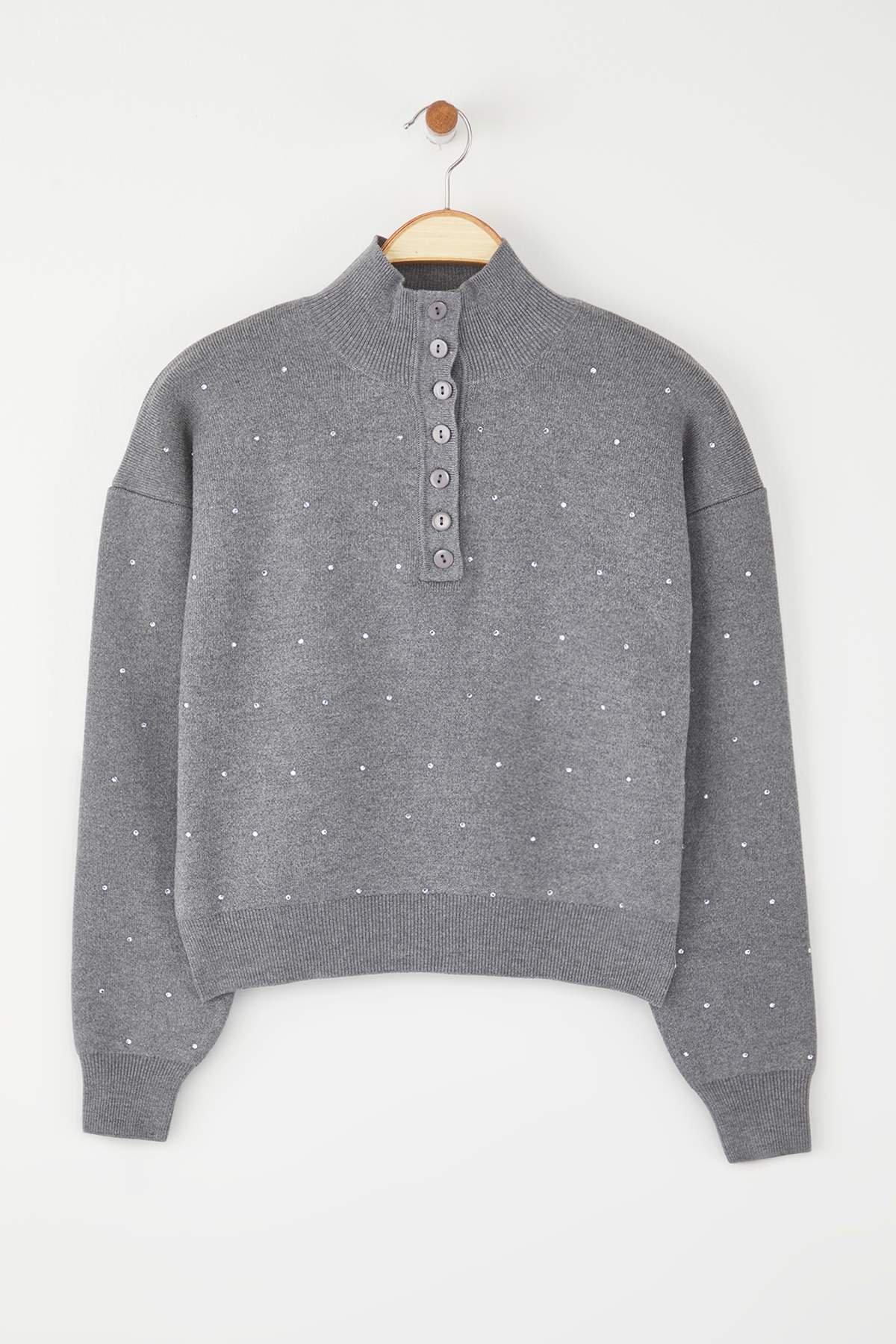 Trendyolmilla  Antrasit Premium İplik/Özel İplikli Taş Detaylı Triko Kazak TWOAW26KZ00039 - Görsel 5