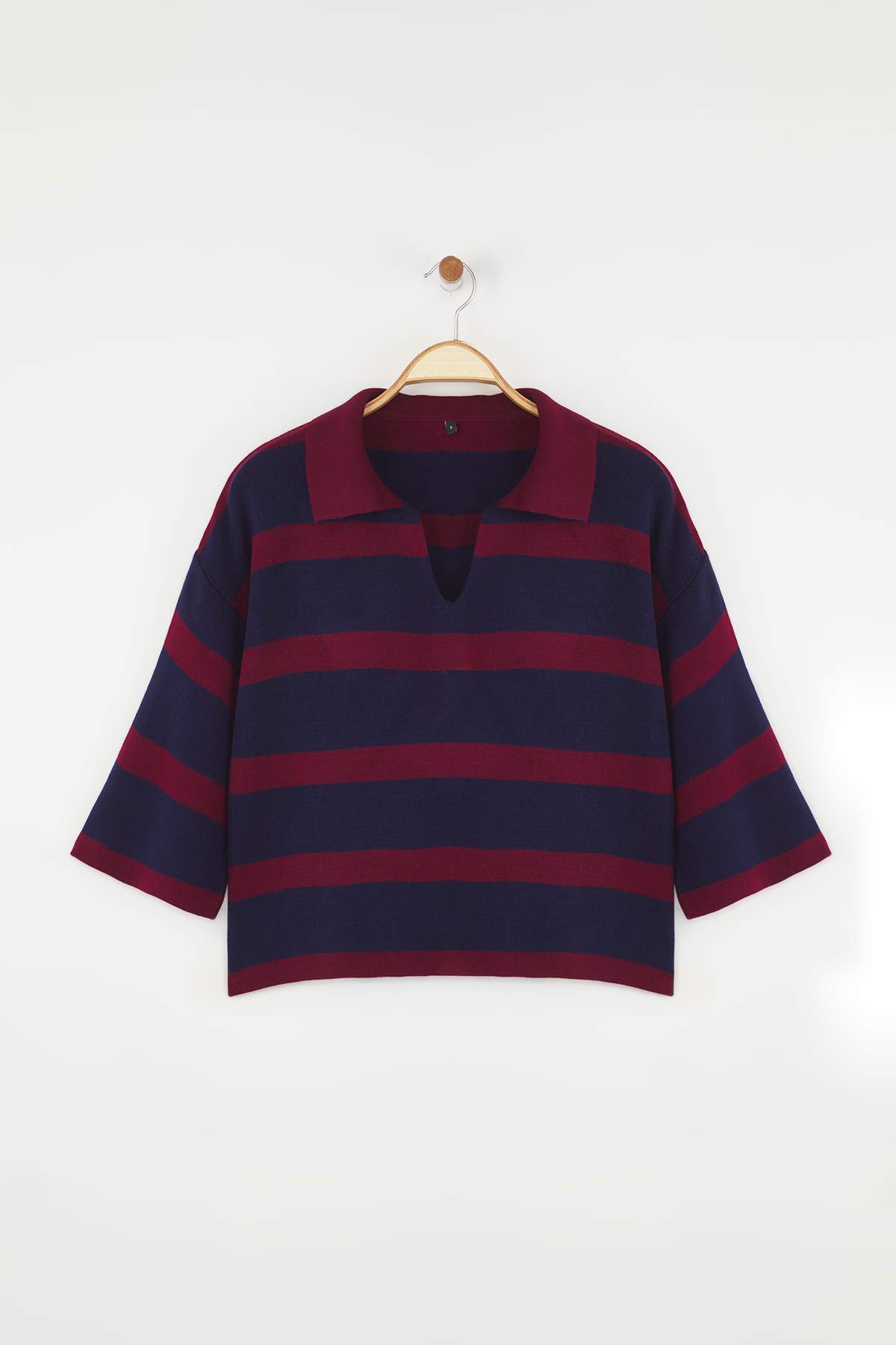 Trendyolmilla  Bordo Polo Yaka Basic Çizgili Triko Kazak TWOAW23BZ00001 - Görsel 5