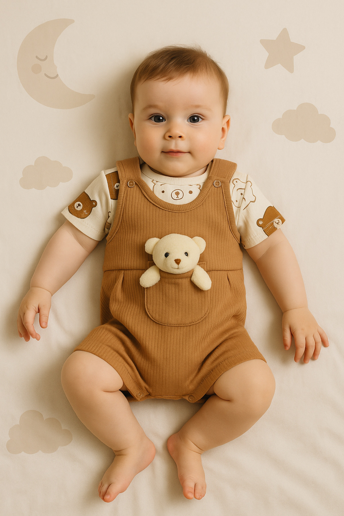 "Summer Teddy Patterned Teddy Bear Baby Romper Set - Combed Cotton Snapsuit and Dungaree Set with Pockets 2-Piece Combination"