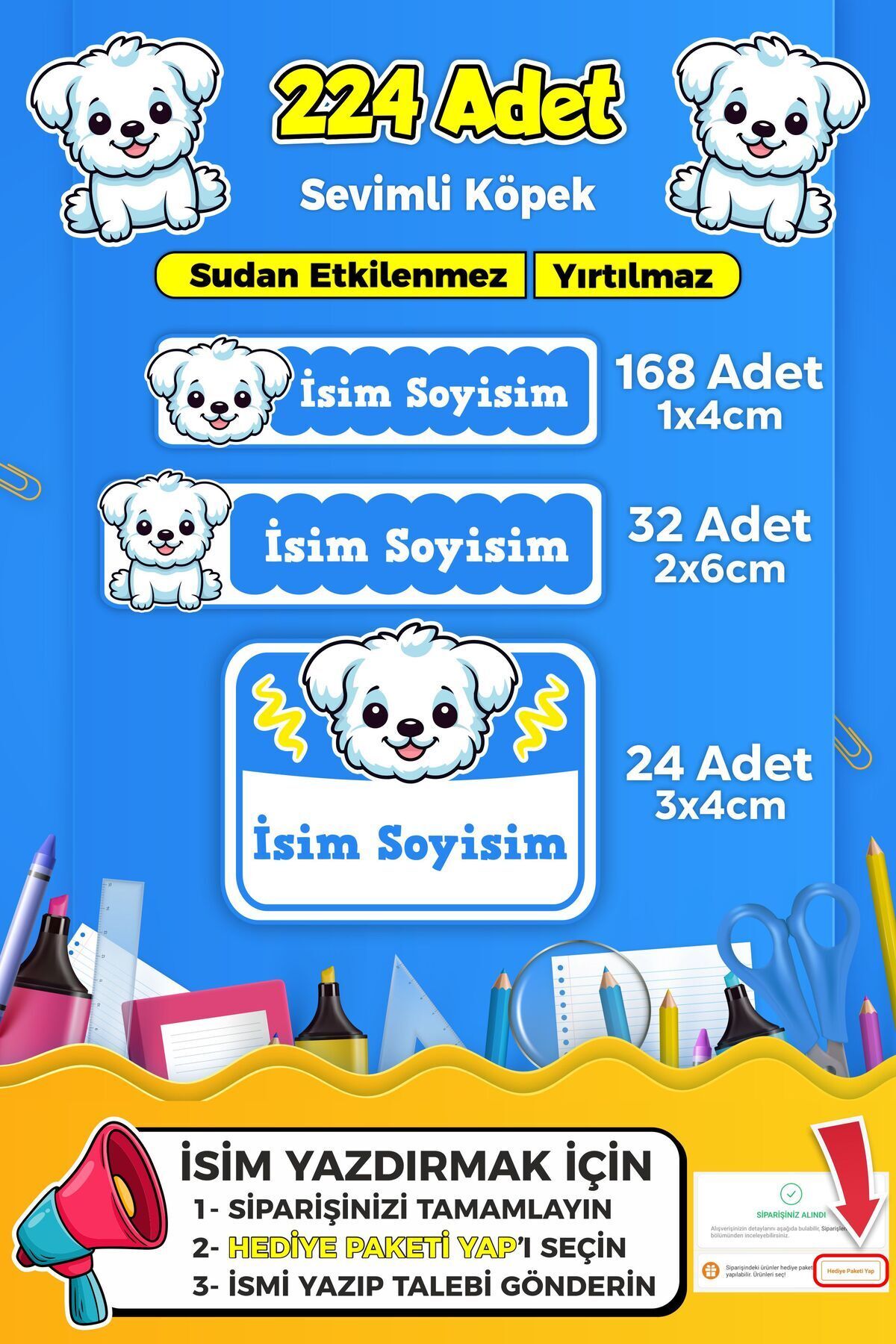 SB store Sevimli Köpek Temalı Okul Kreş Kişiye Özel isim Etiket Seti - Model 382