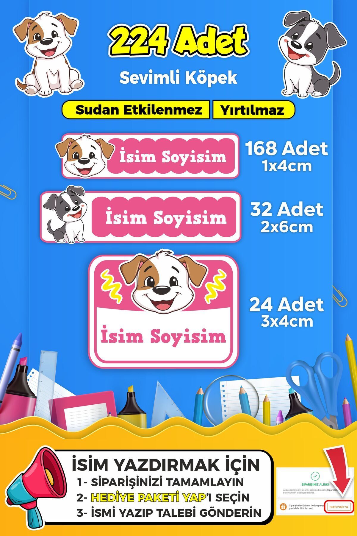 SB store Sevimli Köpek Temalı Okul Kreş Kişiye Özel isim Etiket Seti - Model 387