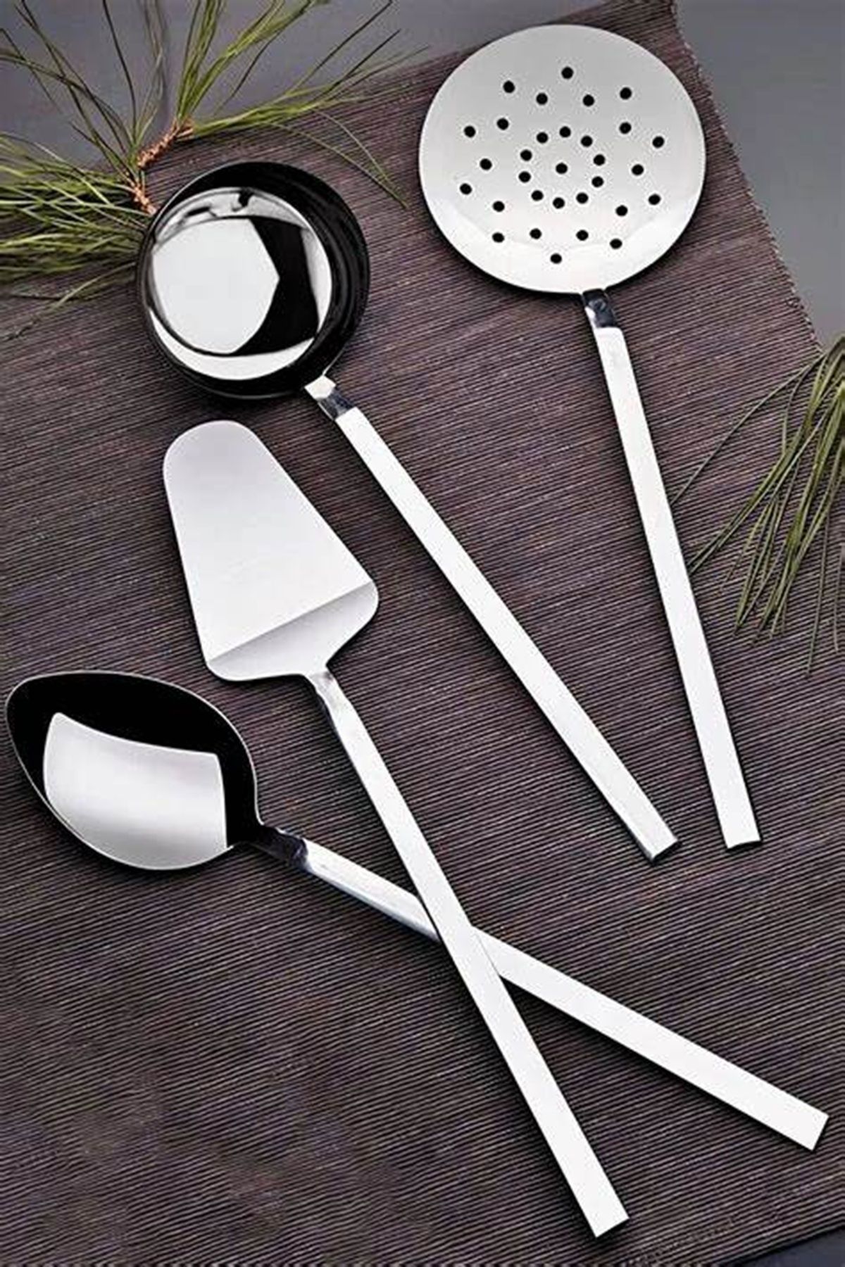 BuMeria Paslanmaz Çelik Kepçe Kevgir Kaşık Spatula Servis Seti Takımı 4'lü