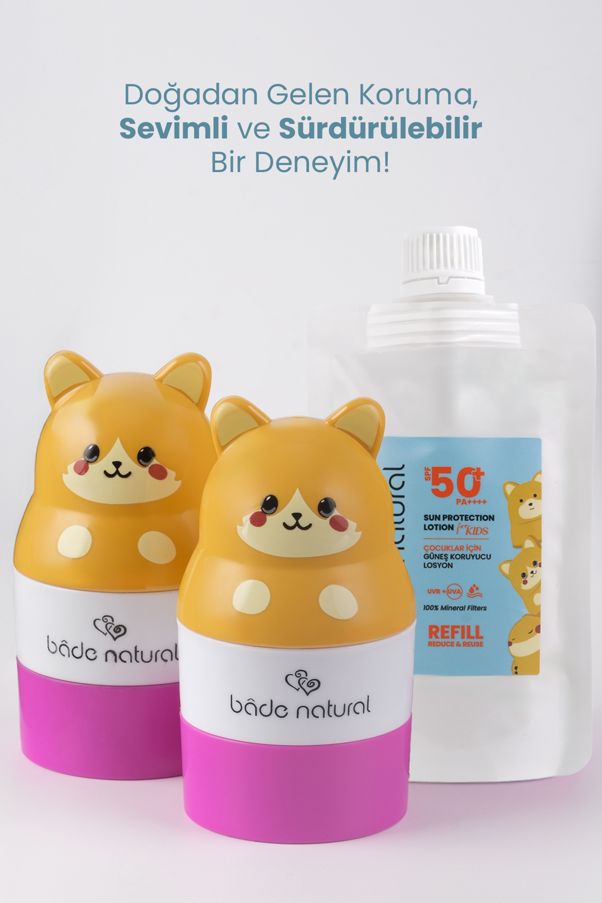 Bade Natural Çocuk Güneş Koruyucu Losyon 50+ SPF %100 Doğal Refill Paket + Kedi Figürlü Aplikatör Set fotoğrafı 5 (önizleme)