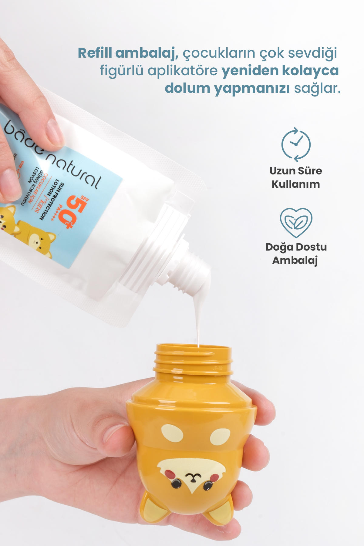 Bade Natural Çocuk Güneş Koruyucu Losyon 50+ SPF %100 Doğal Refill Paket + Kedi Figürlü Aplikatör Set fotoğrafı 2 (önizleme)