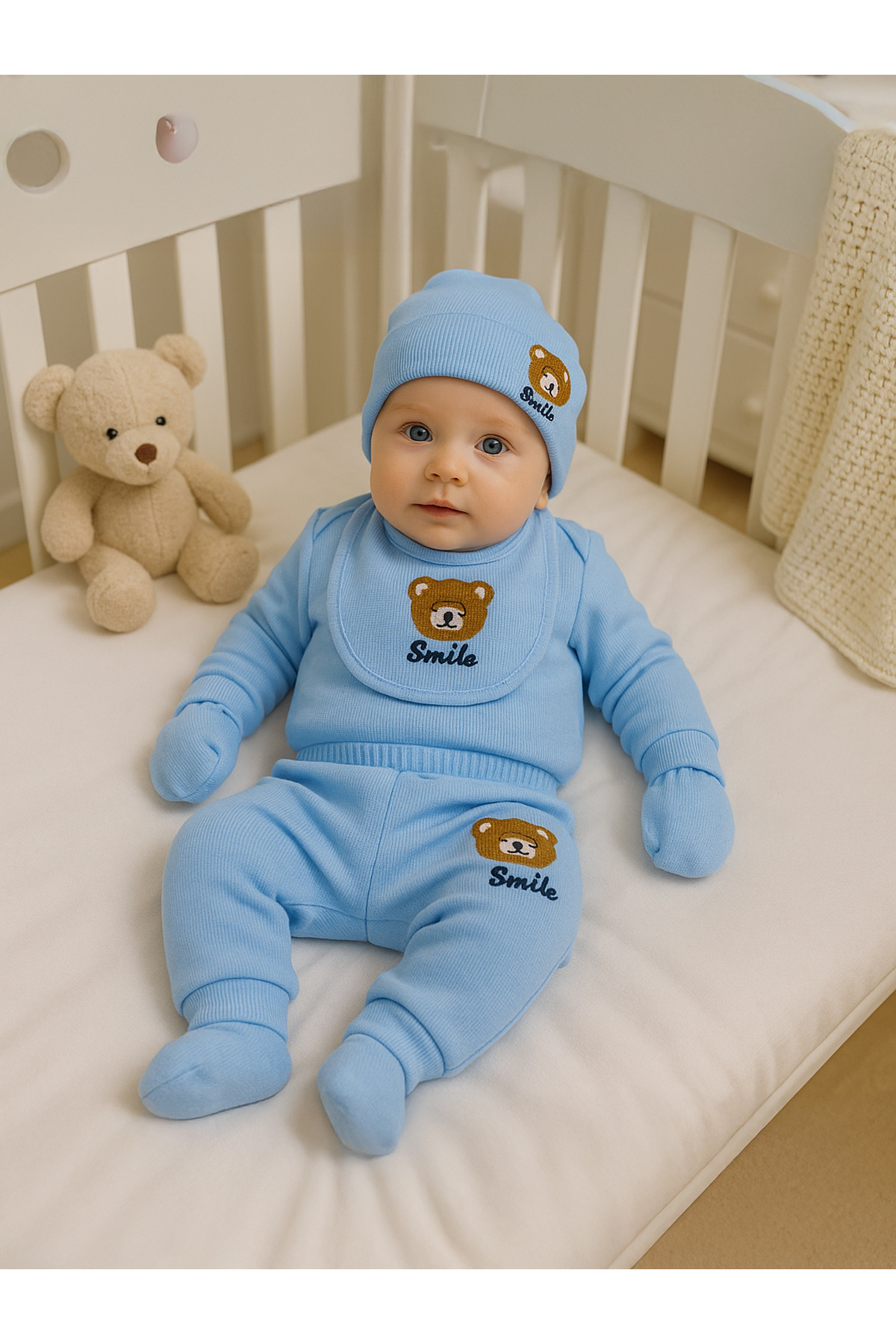 Maysa Smile Desenli %100 Organik 5 li Yenidoğan Bebek Hastane Çıkışı Seti Waffle Kumaş