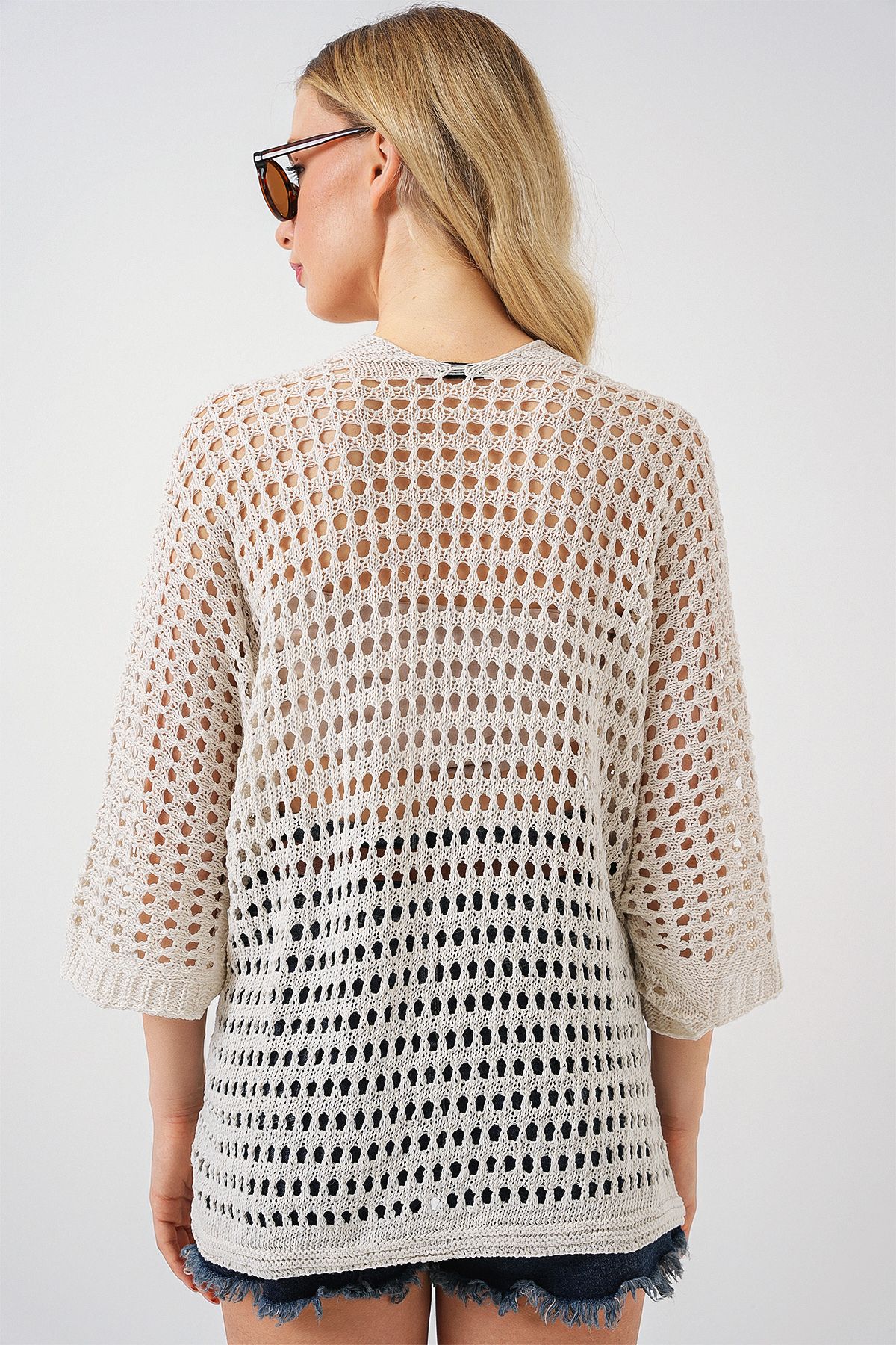 Bigdart-15855 Openwork/Perforated Oversize Cardigan - Stone 6