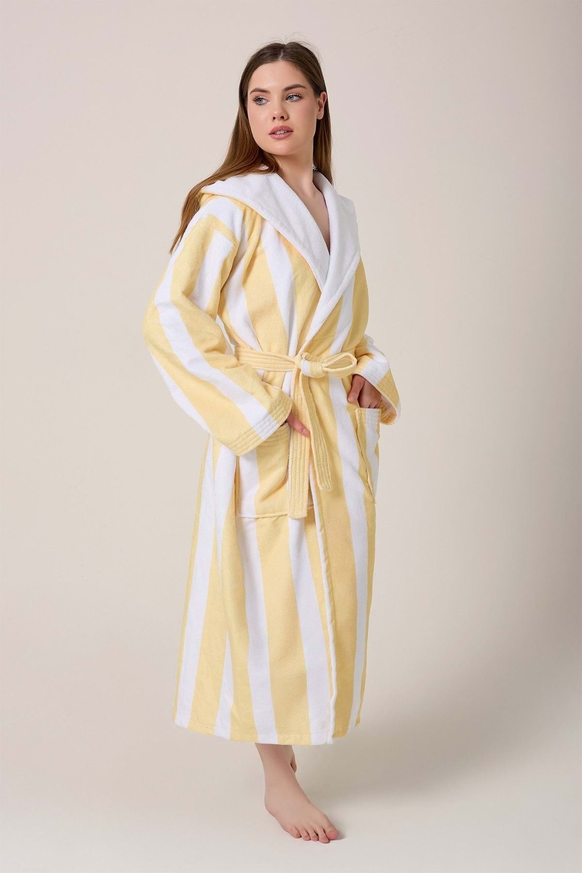 VEVİEN HOME-Striped Patterned Digital Printed Hooded Bathrobe Yellow 4