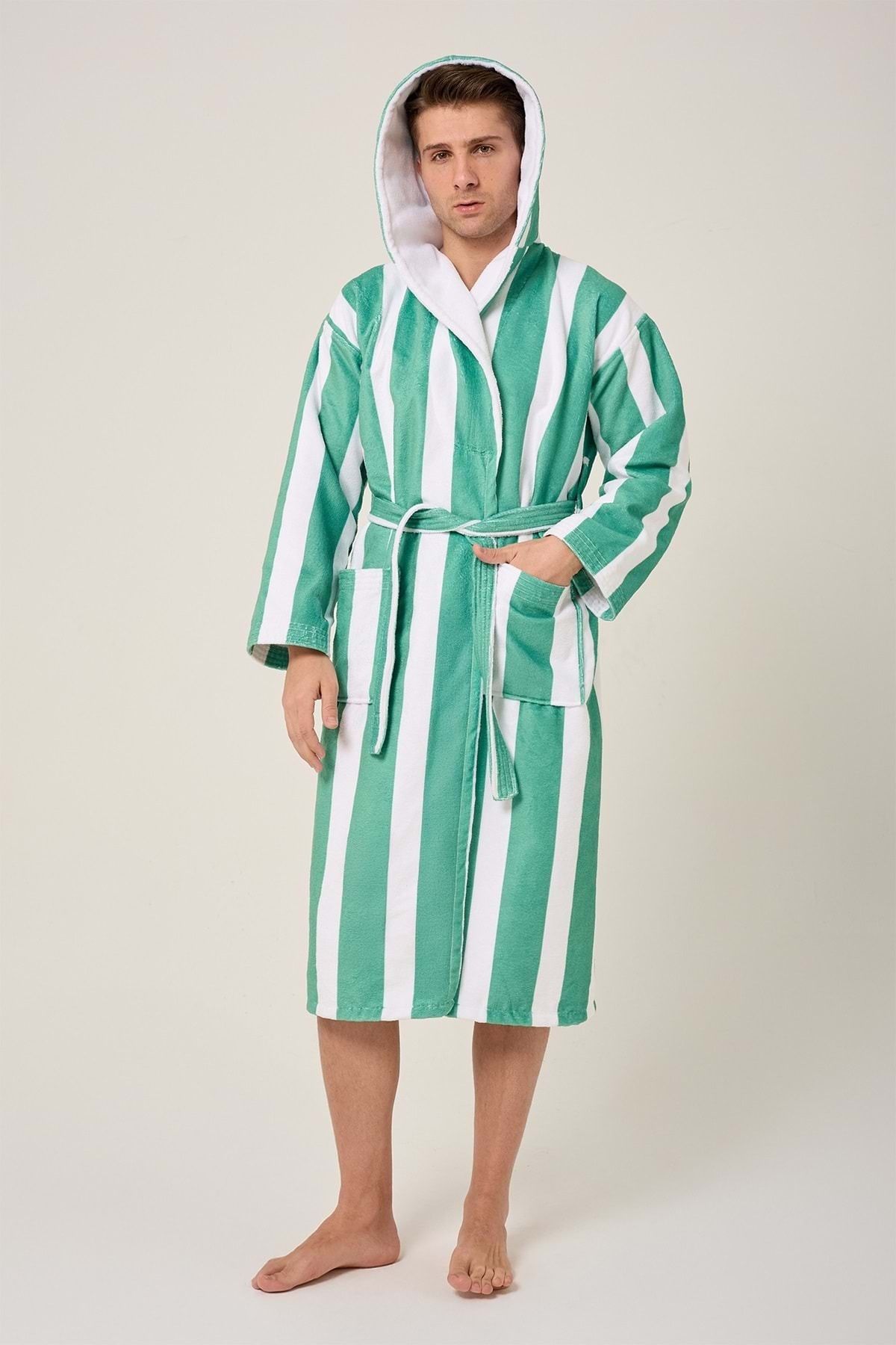VEVİEN HOME-Striped Patterned Digital Printed Hooded Bathrobe Green 1