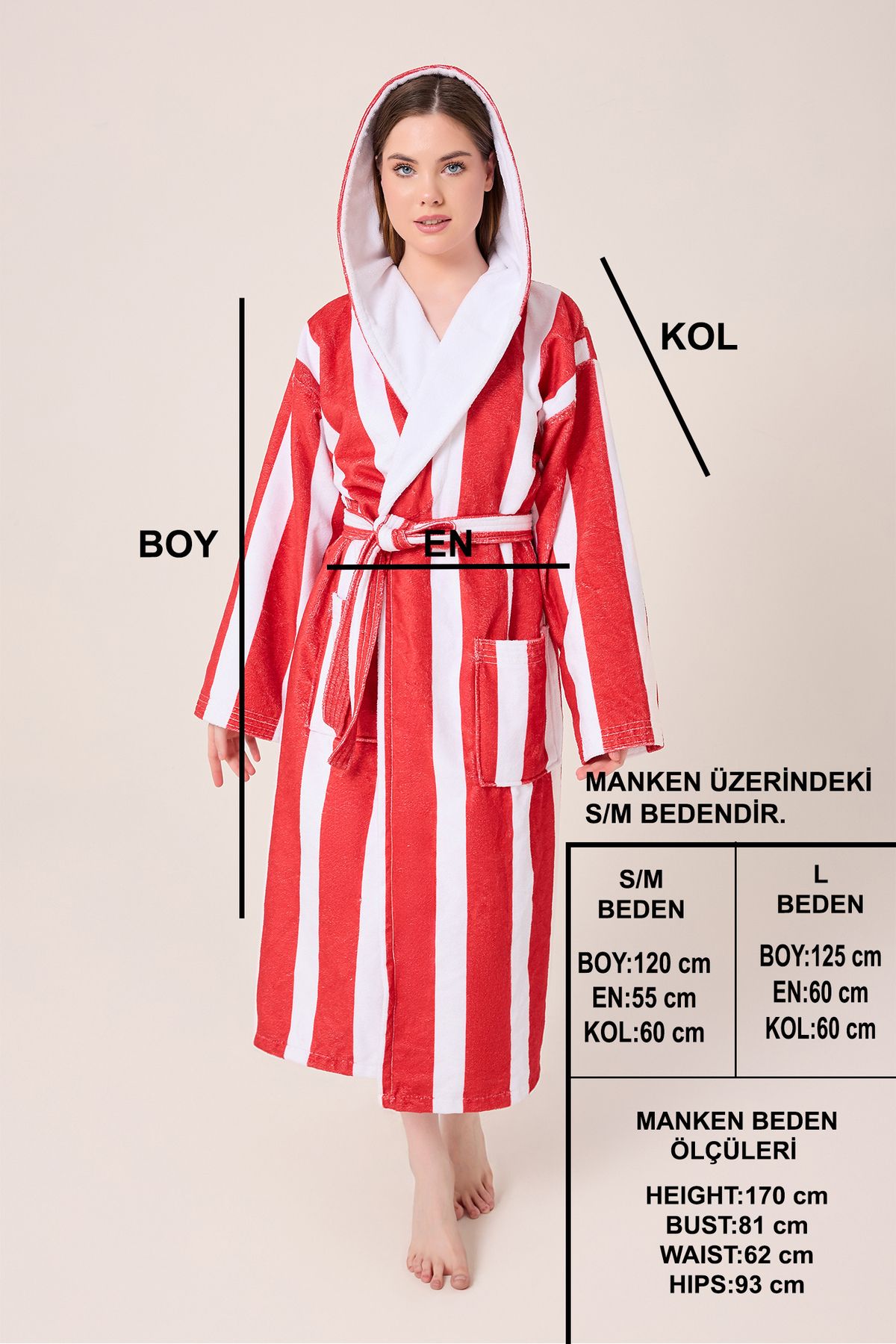 VEVİEN HOME-Striped Patterned Digital Printed Hooded Bathrobe Claret Red 5