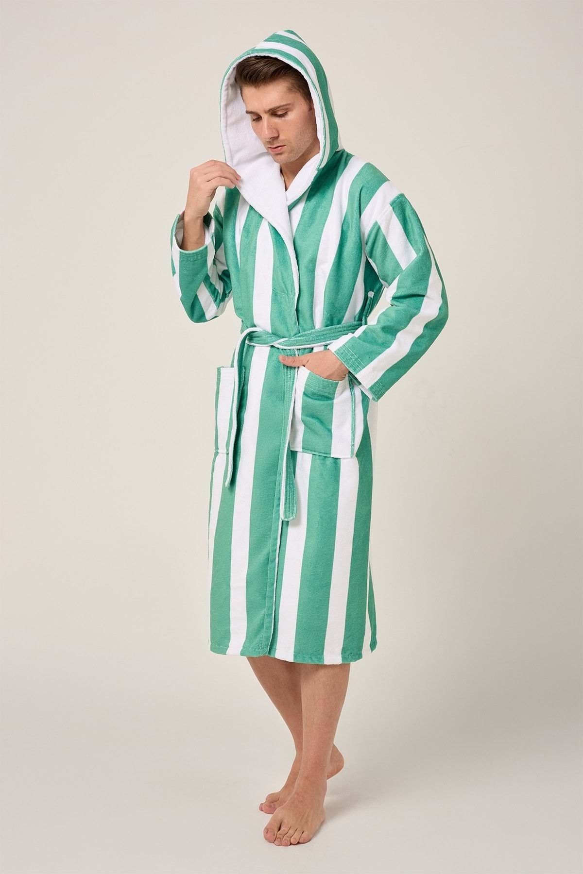 VEVİEN HOME-Striped Patterned Digital Printed Hooded Bathrobe Green 2
