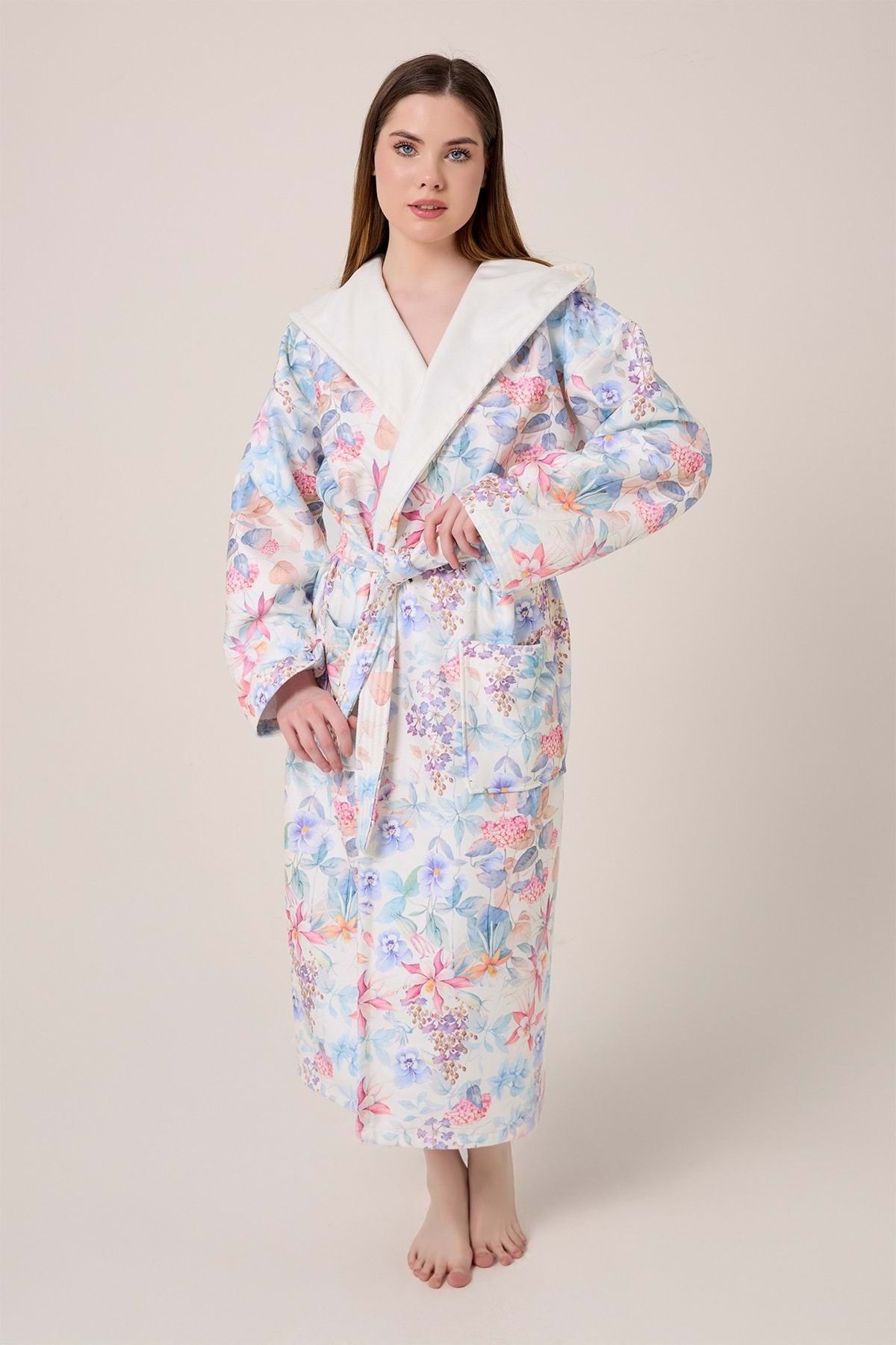 VEVİEN HOME-Narciso Fiore Patterned Digital Printed Hooded Bathrobe 3