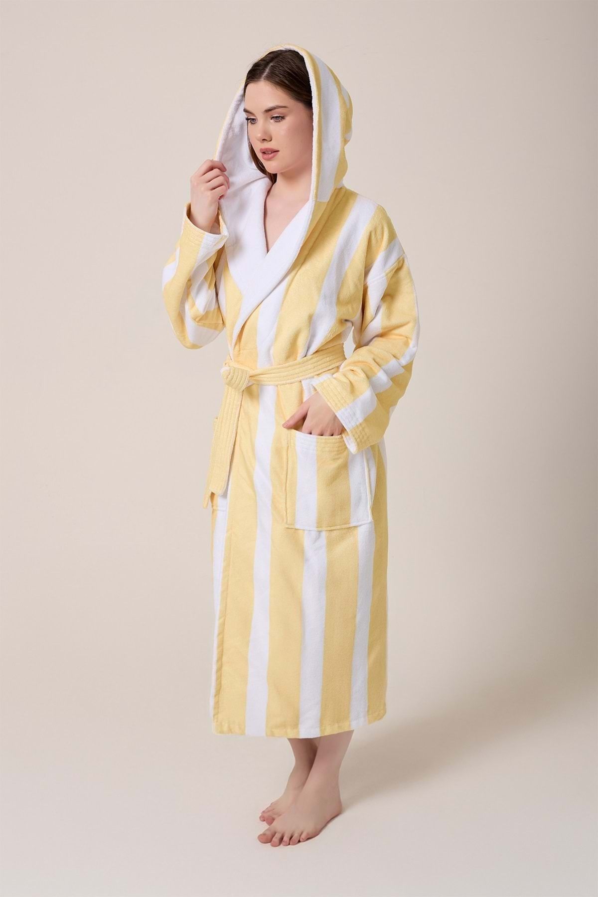 VEVİEN HOME-Striped Patterned Digital Printed Hooded Bathrobe Yellow 2