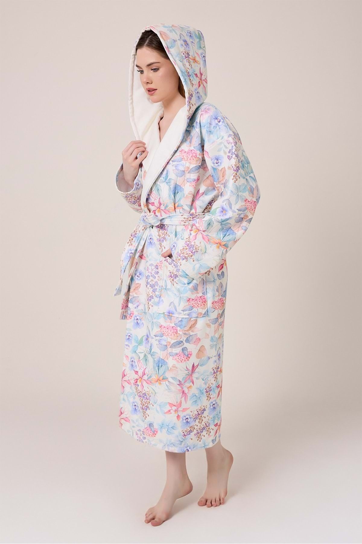 VEVİEN HOME-Narciso Fiore Patterned Digital Printed Hooded Bathrobe 2