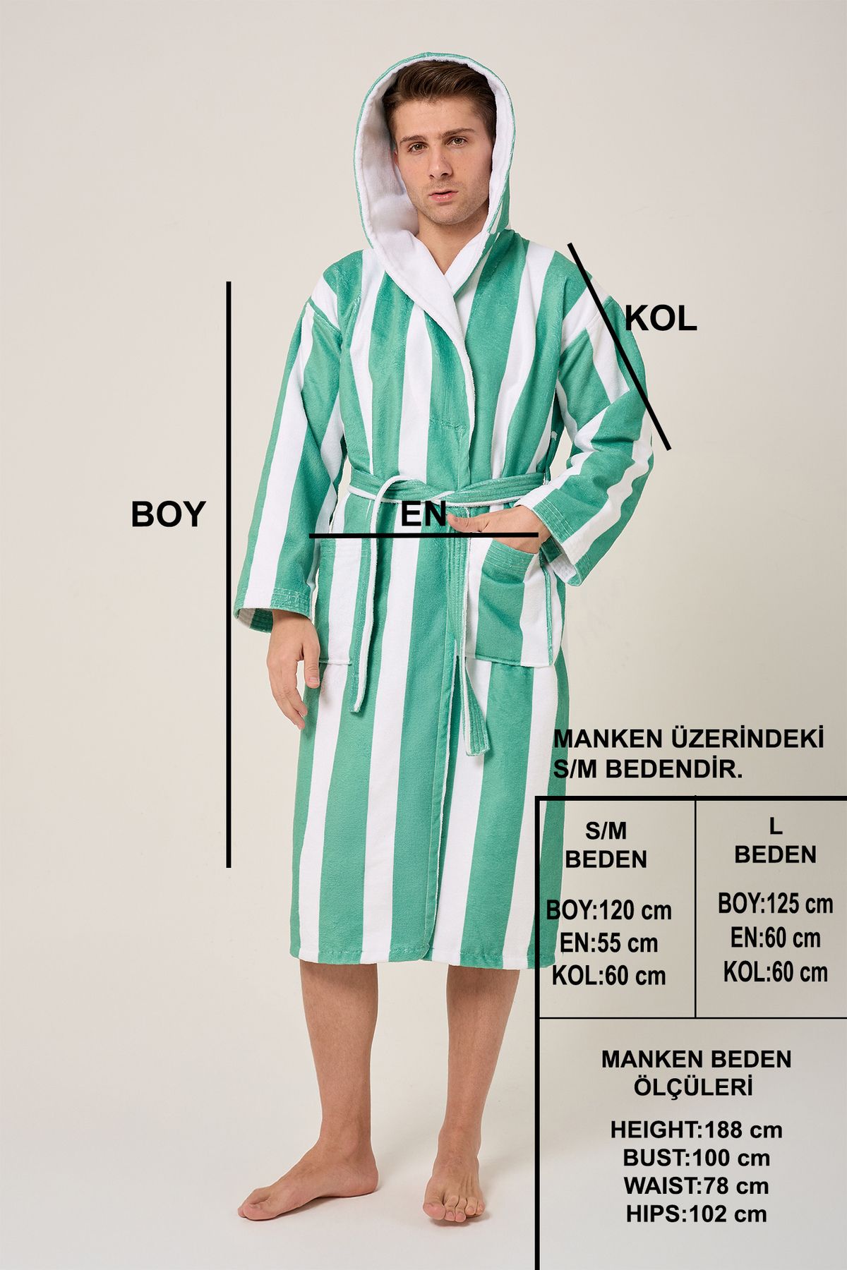 VEVİEN HOME-Striped Patterned Digital Printed Hooded Bathrobe Green 5
