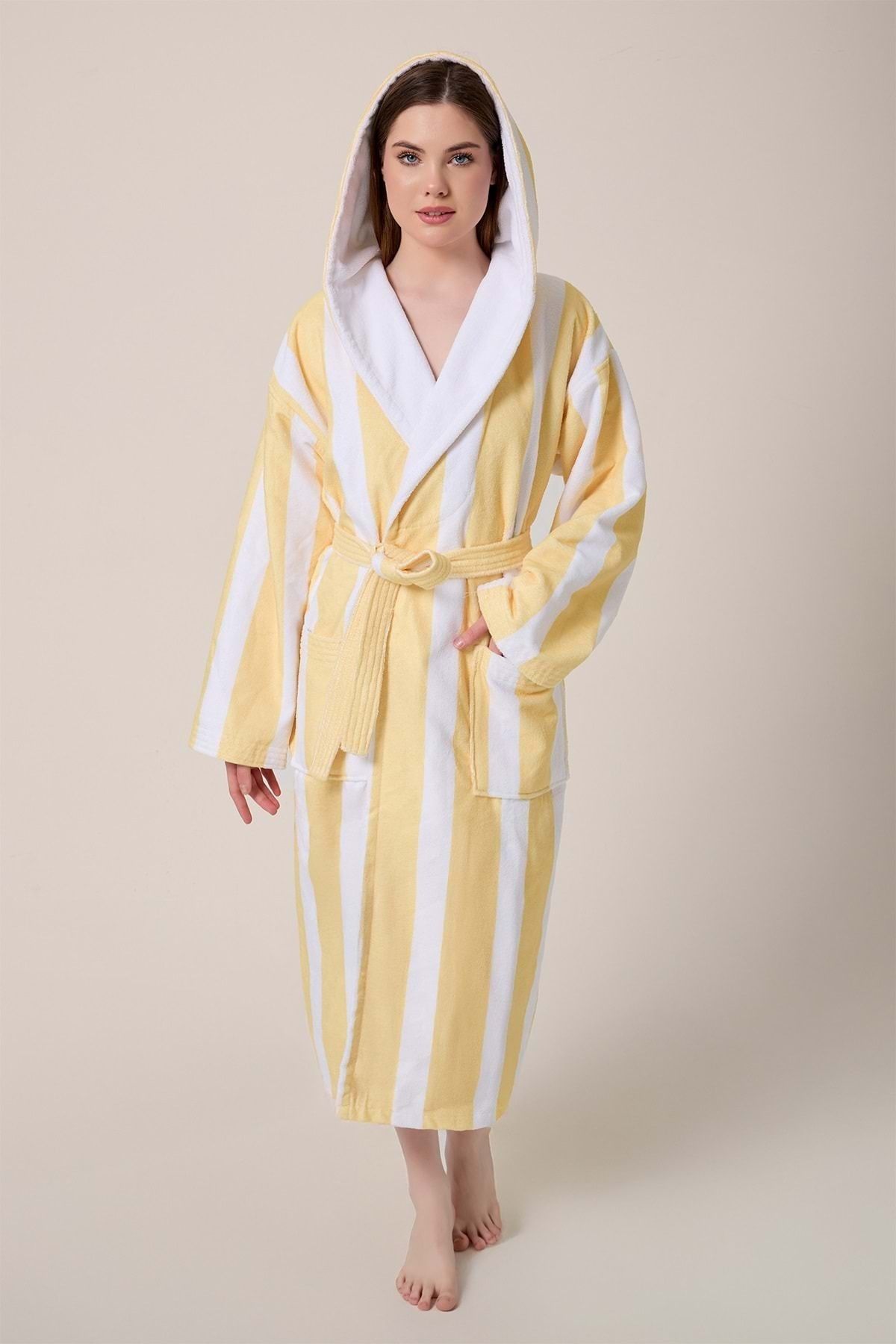 VEVİEN HOME-Striped Patterned Digital Printed Hooded Bathrobe Yellow 1