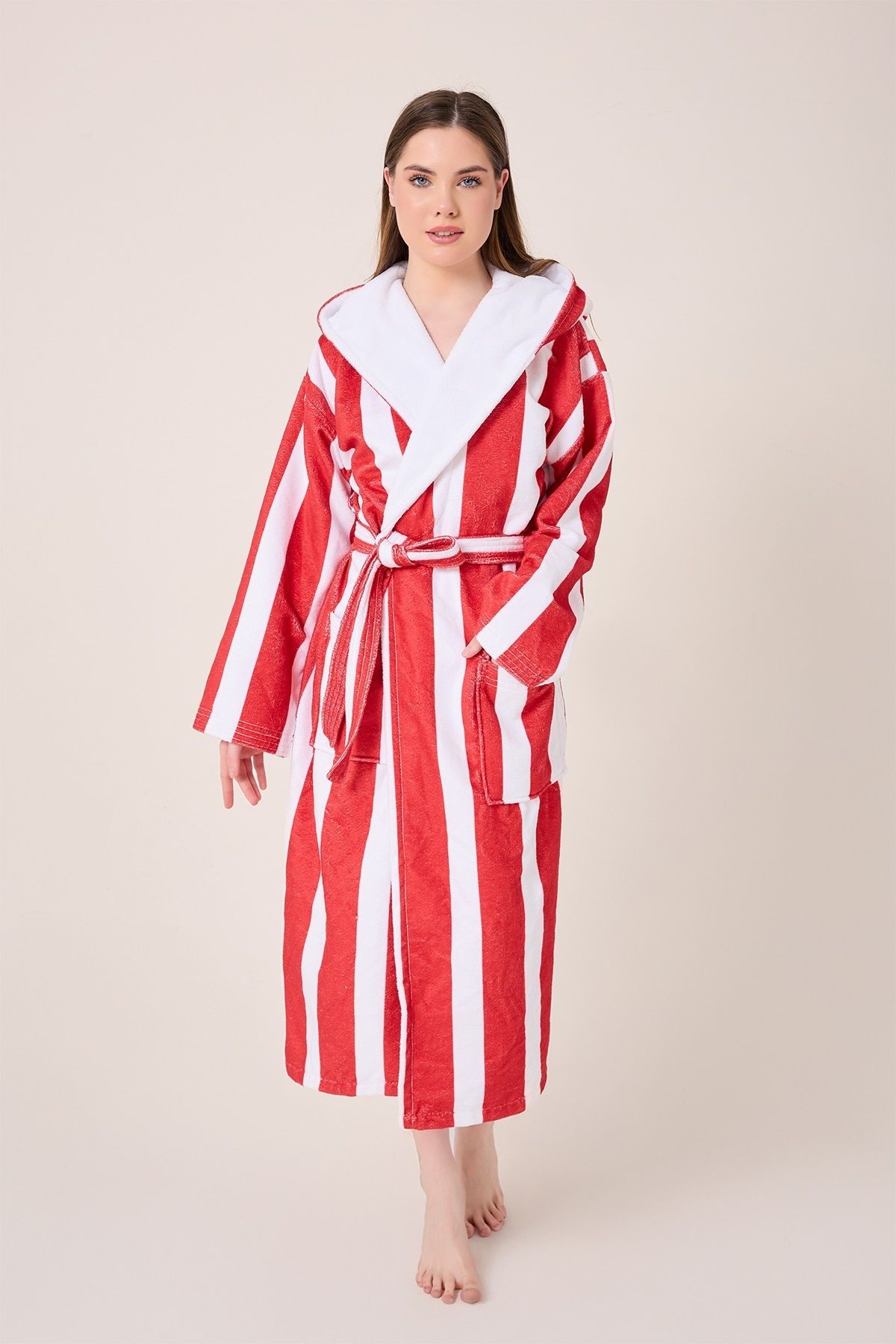VEVİEN HOME-Striped Patterned Digital Printed Hooded Bathrobe Claret Red 3