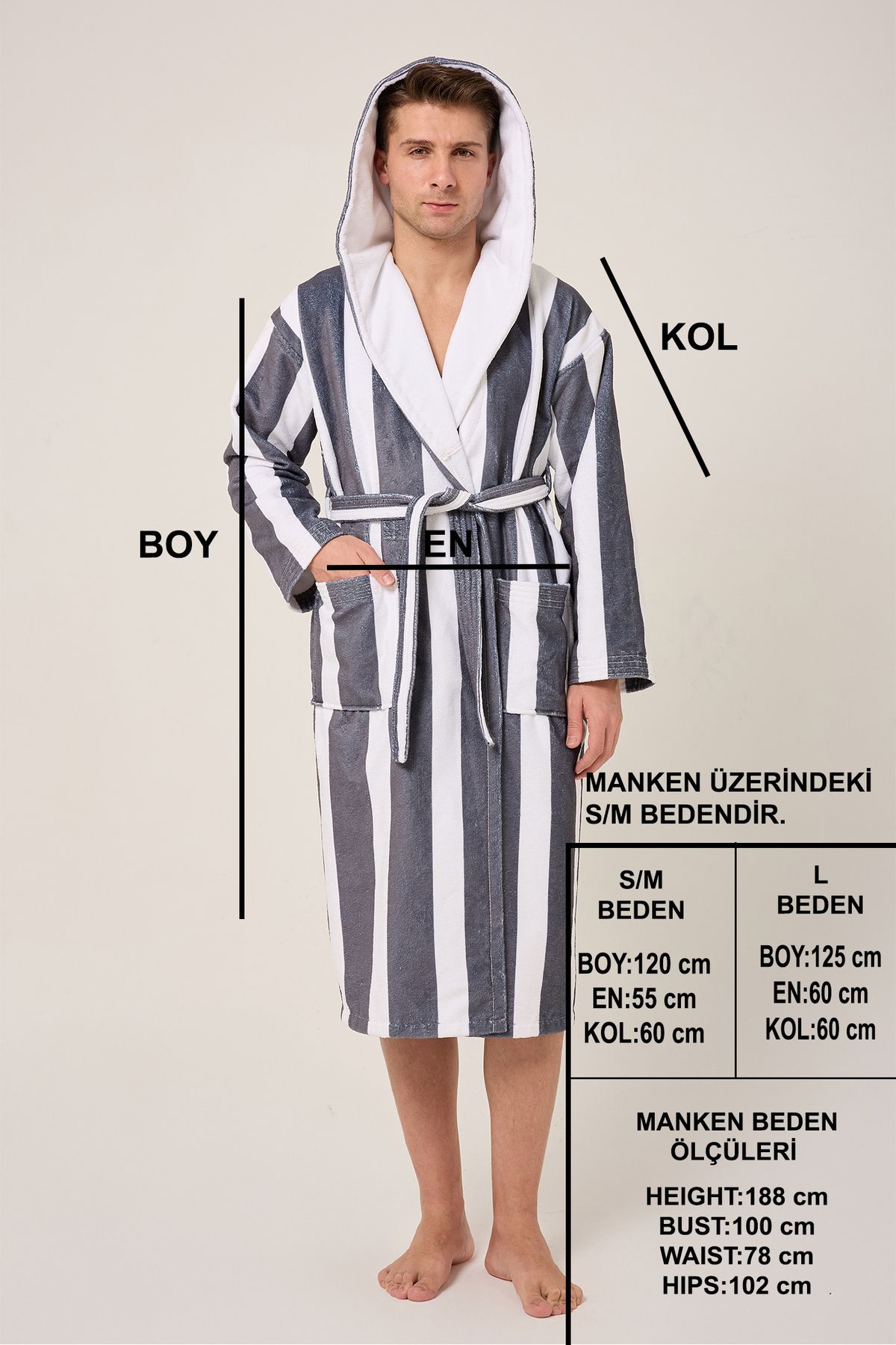 VEVİEN HOME-Striped Patterned Digital Printed Hooded Bathrobe Anthracite 5